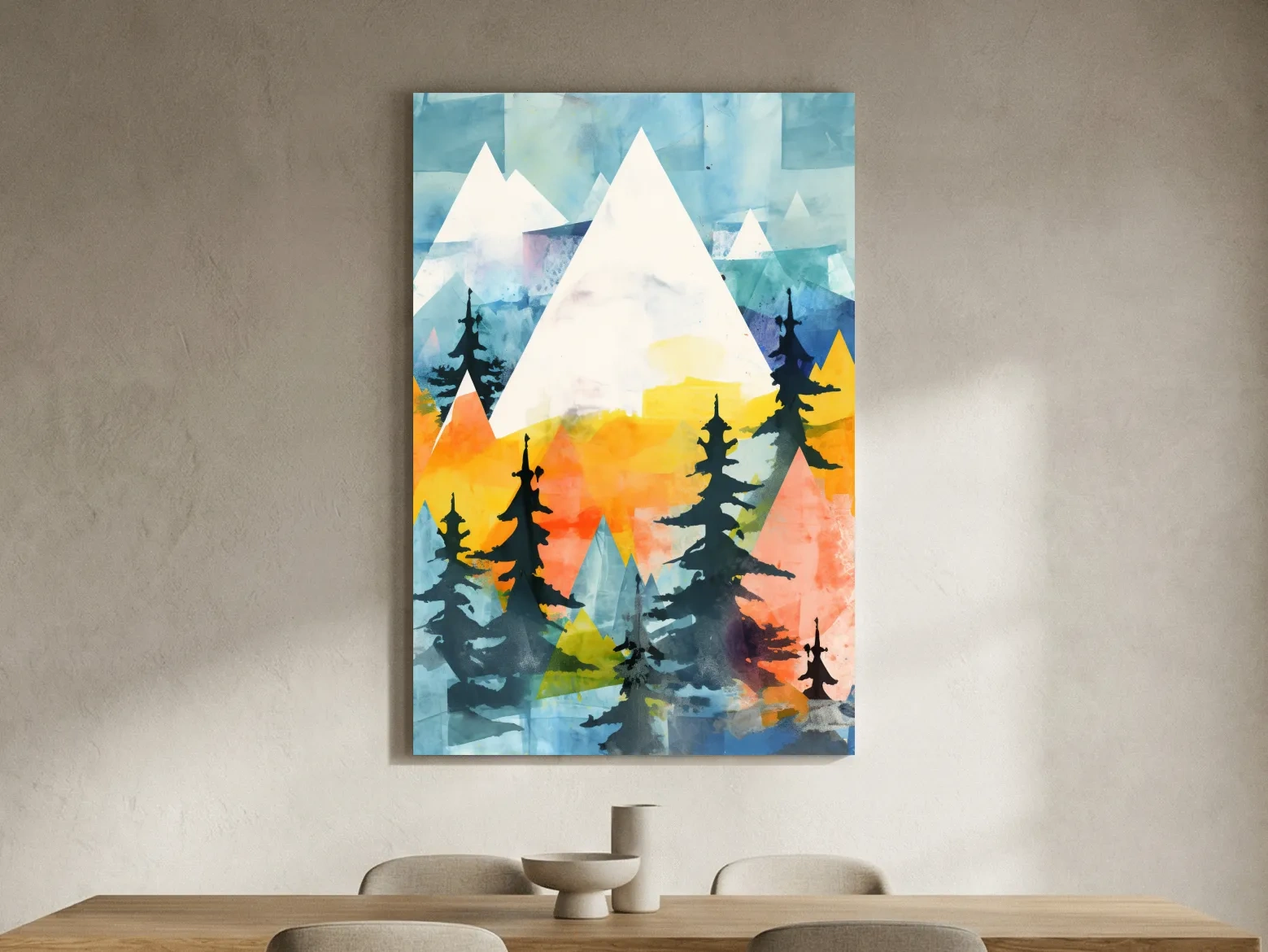 Rustic Watercolor Mountains And Pine Forest - Vibrant Alpine Landscape Wall Art