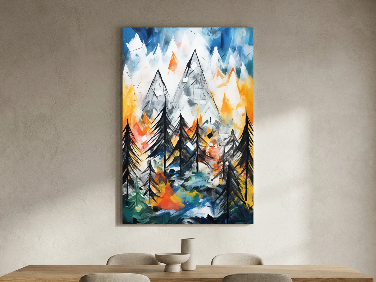 Abstract Alpine Mountain Peaks Painting - Colorful Energetic Pine Forest Landscape Wall Art