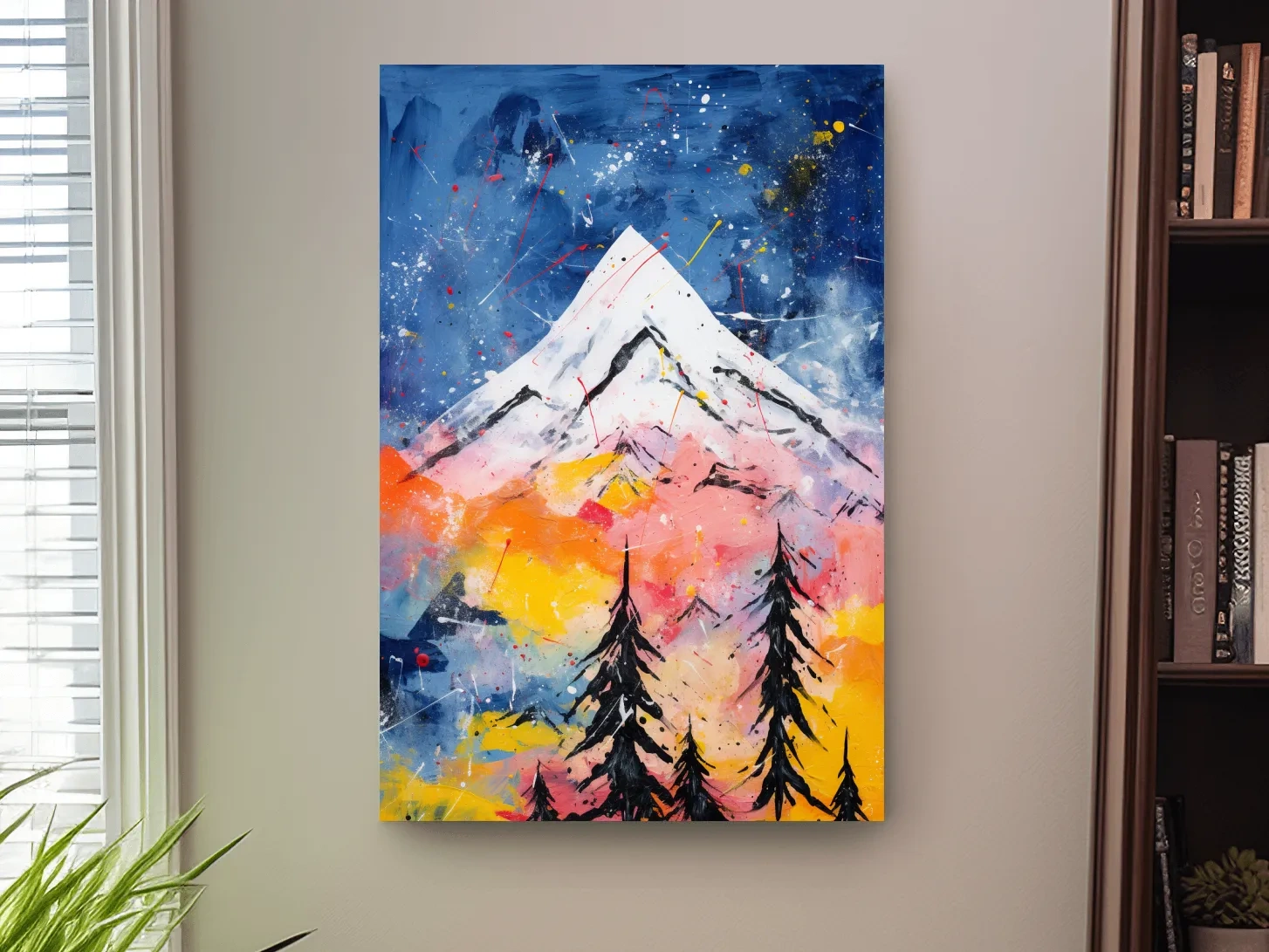 Vibrant Abstract Mountain Peak Sunset Painting - Colorful Acrylic Splash Forest Wall Art