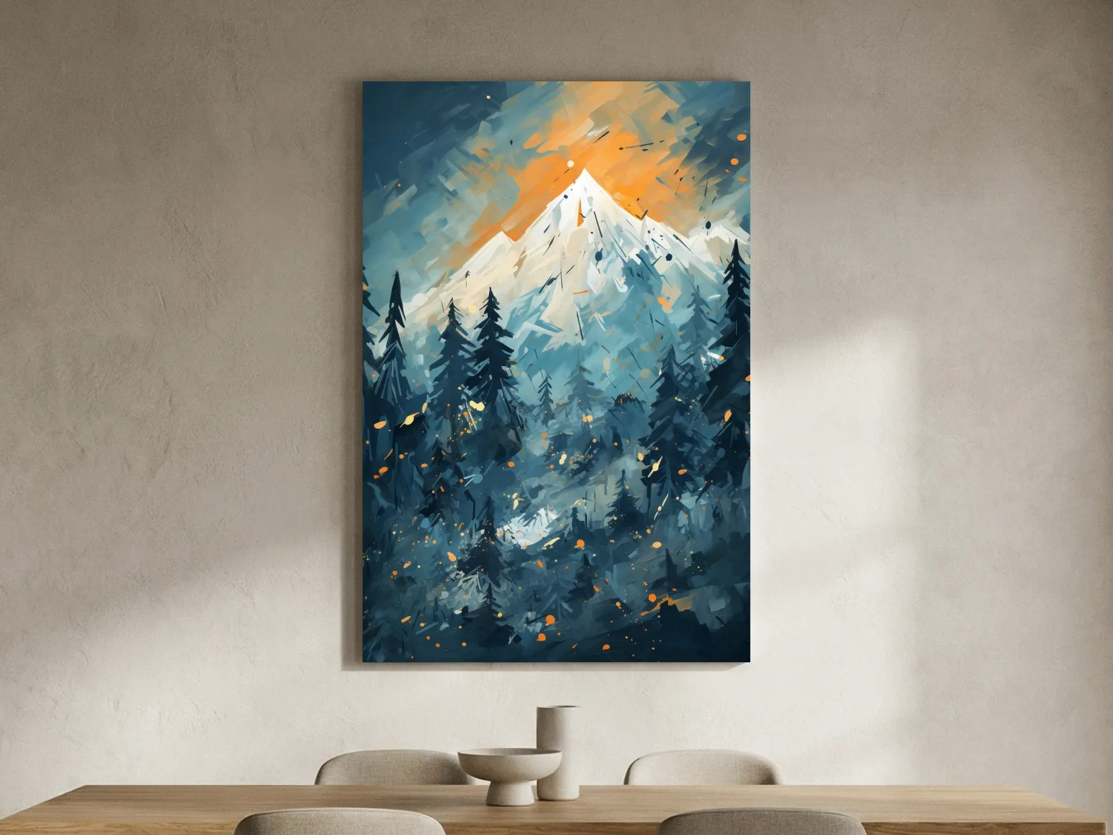 Abstract Snowy Mountain Peak Sunset - Moody Pine Forest Painting Wall Art
