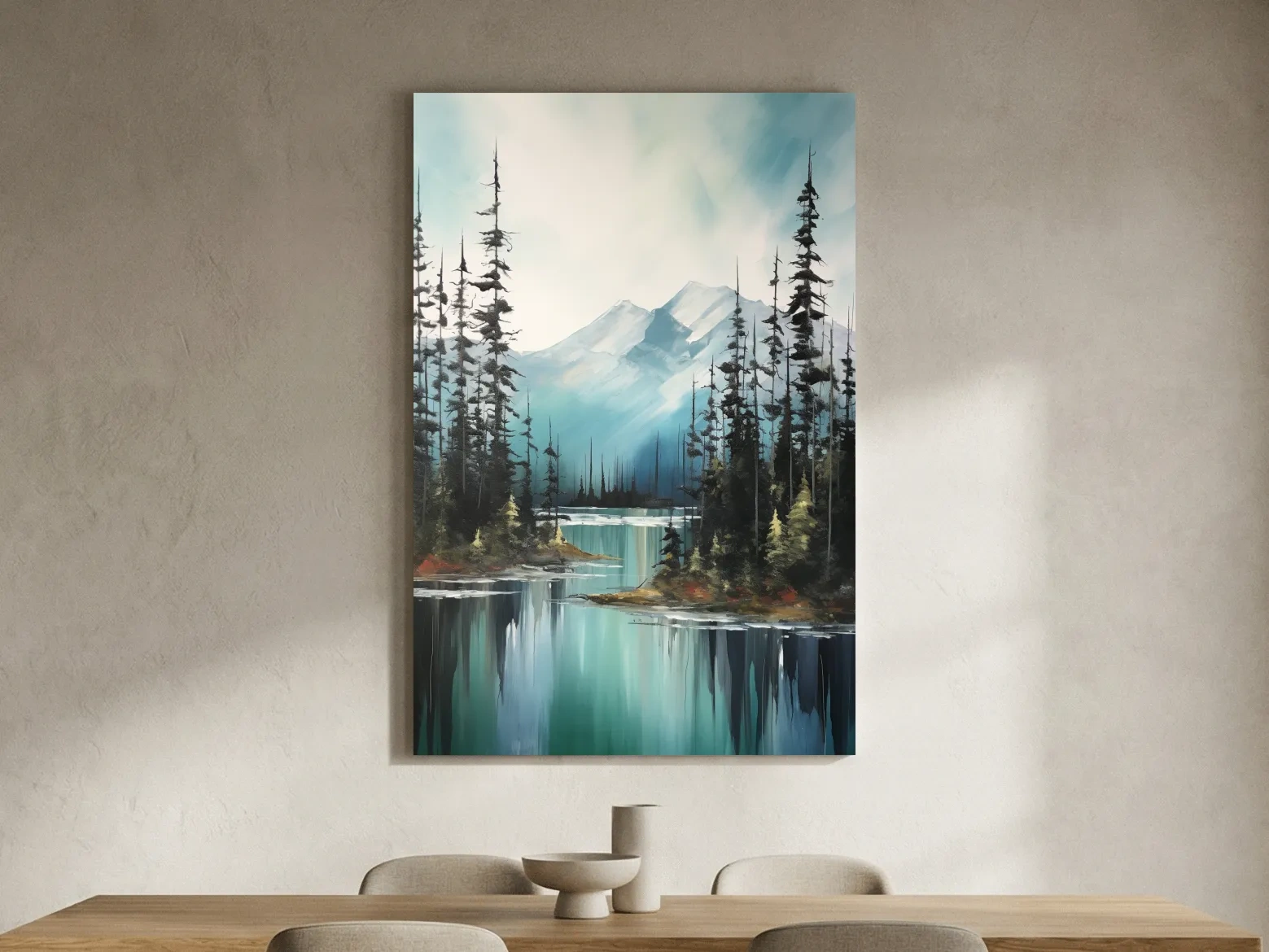 Alpine Turquoise Lake Watercolor Landscape - Serene Pine Forest Nature Wall Art