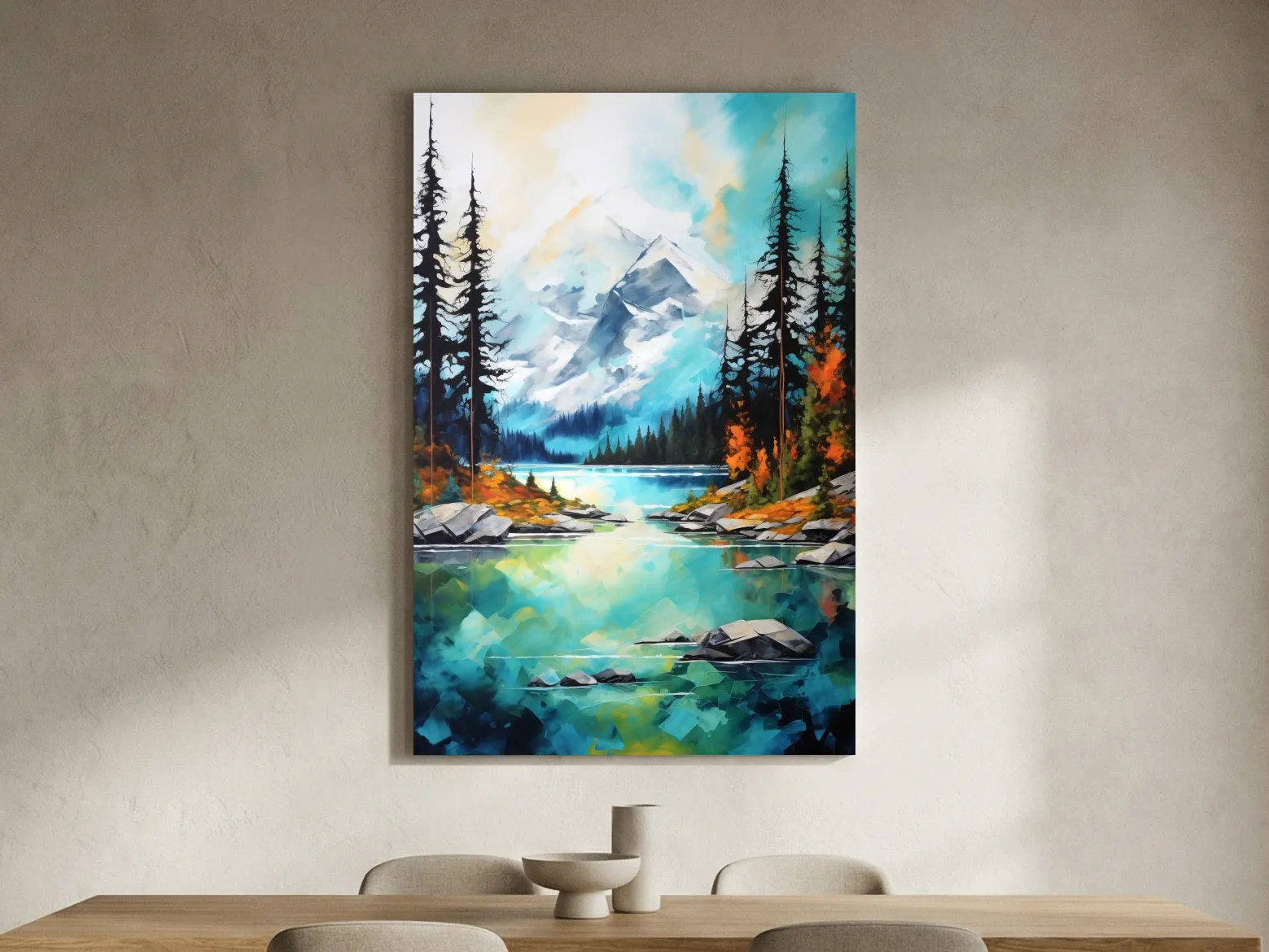 Turquoise Alpine Lake Mountain Painting - Colorful Watercolor Forest Wall Art