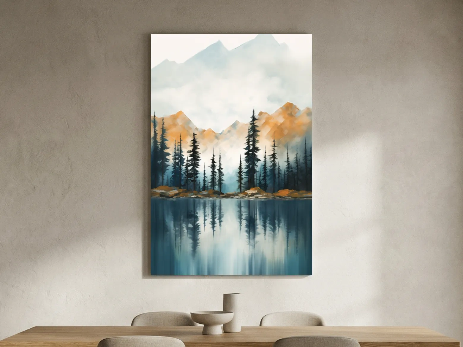 Misty Watercolor Mountain Lake Reflection - Serene Pine Forest Landscape Wall Art