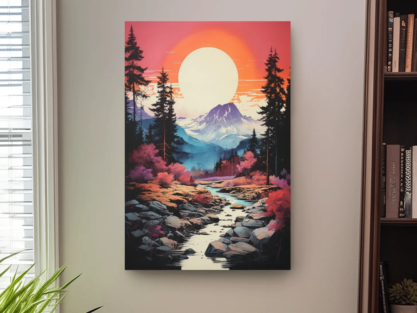 Colorful alpine scene at sunset, illustration