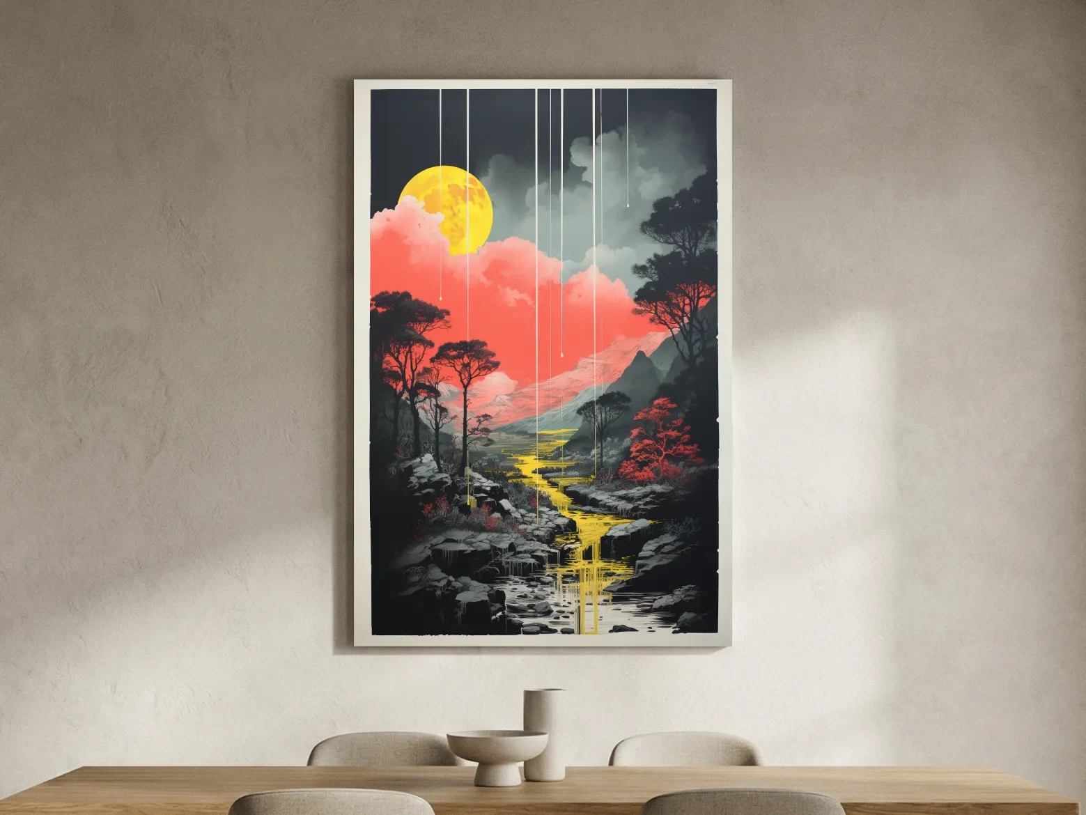 Surreal Moonlit Mountain River Landscape - Fantasy Nature Wall Art