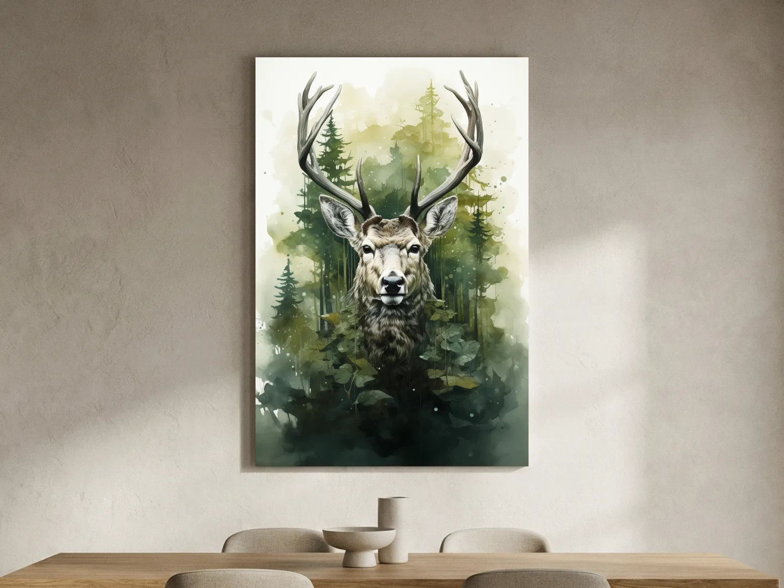 Watercolor Deer Portrait In Misty Pine Forest - Woodland Wildlife Wall Art