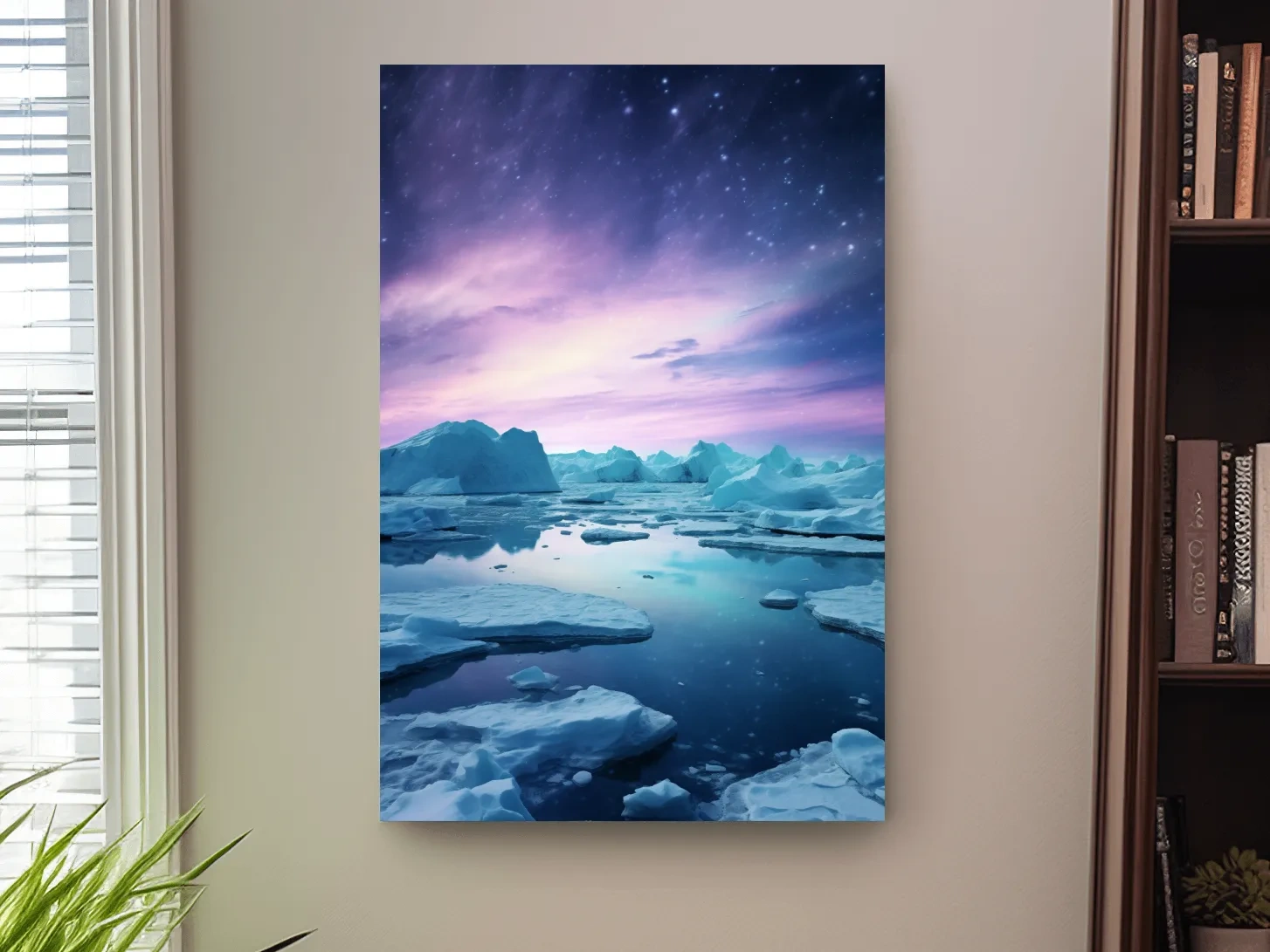 Surreal photography, purple northern lights over the arctic ice