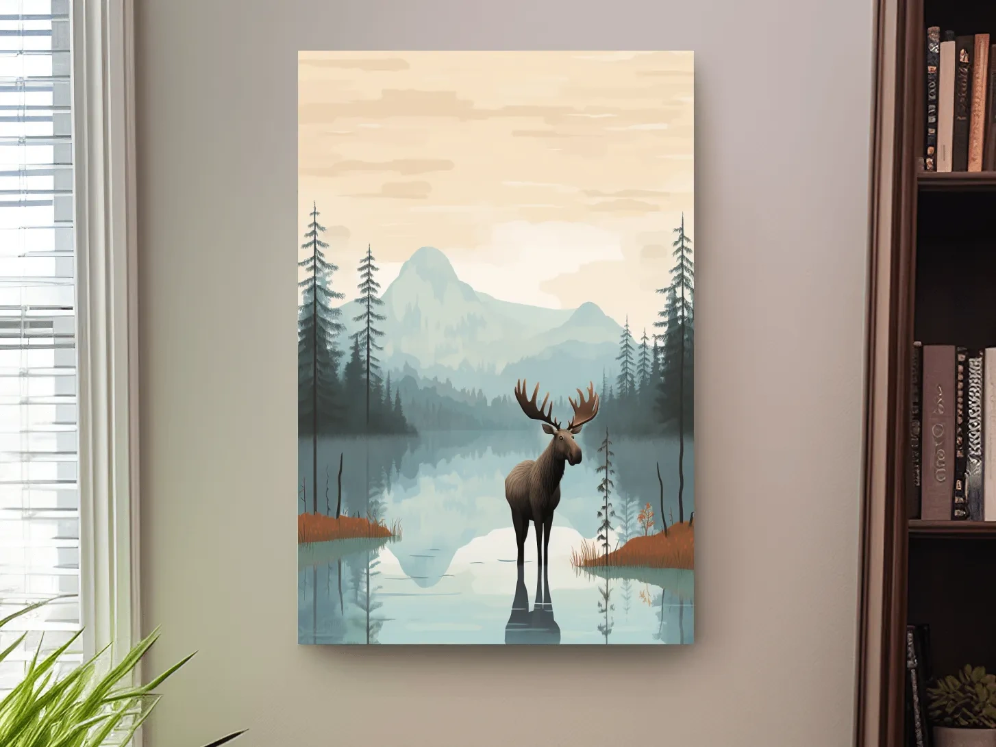 Moose Mountain Lake Illustration - Nursery Forest Mountain Wall Art