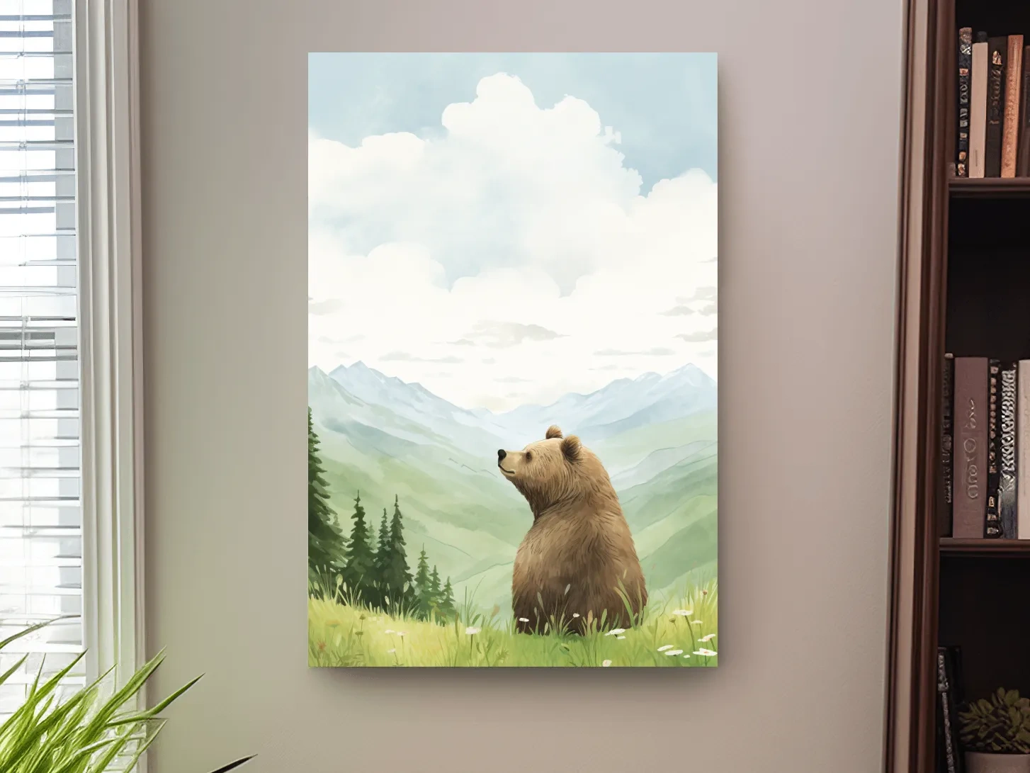 Whimsical Watercolor Bear In Mountain Meadow - Serene Nursery Wildlife Art
