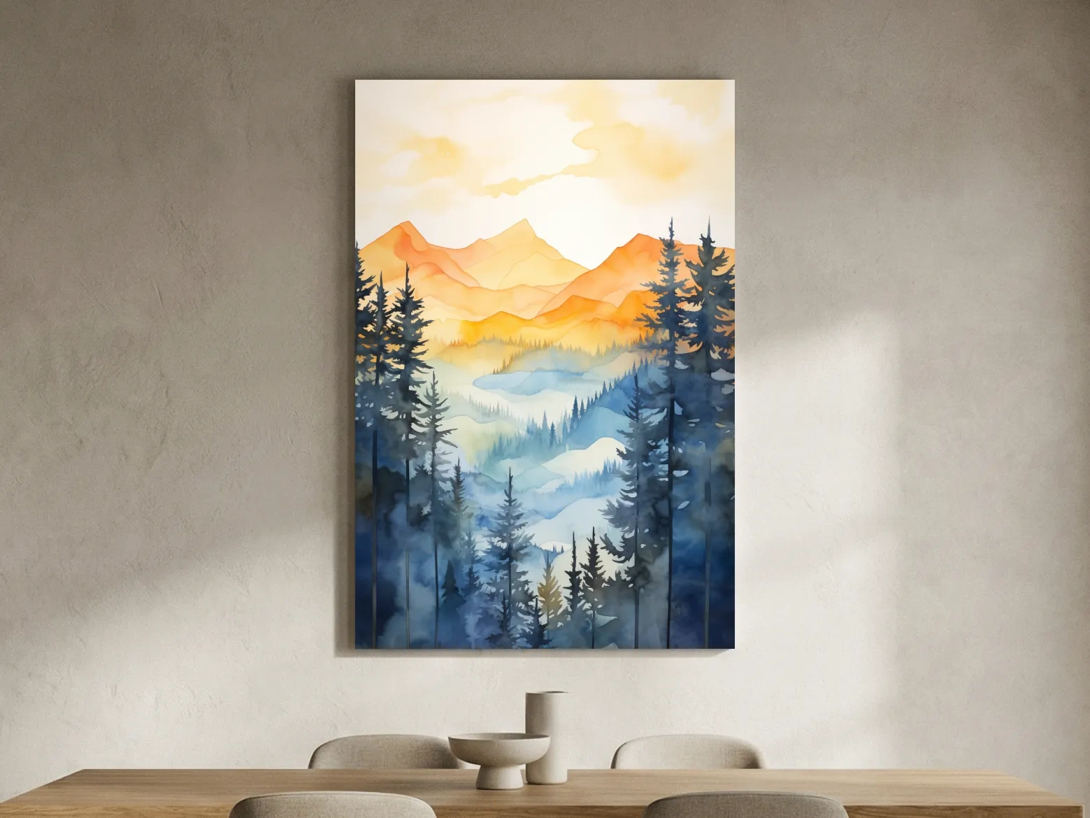 Golden Watercolor Mountain Sunrise Painting - Misty Alpine Forest Artwork