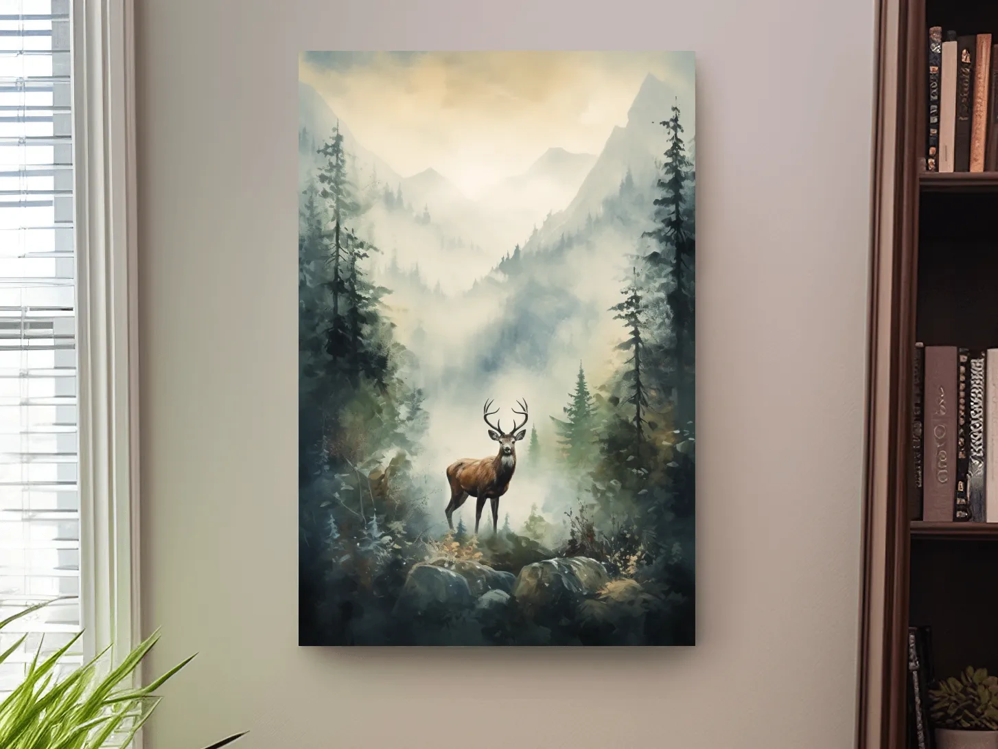 Watercolour painting of a deer standing in a misty forest