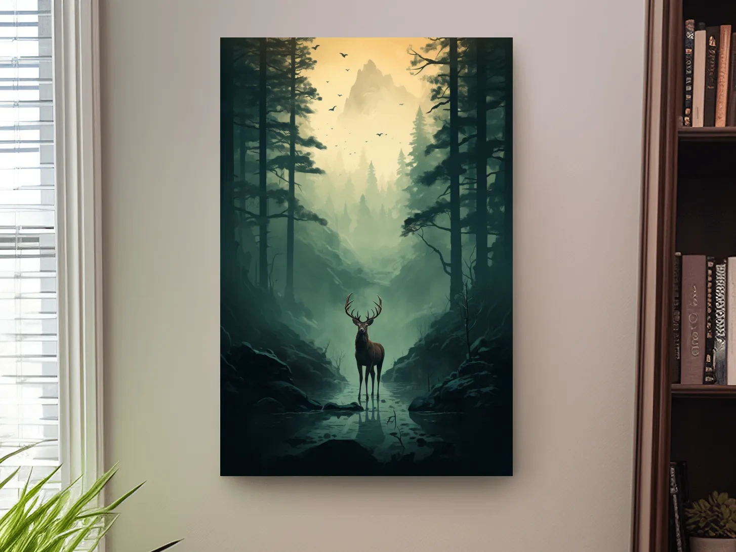 Moody Misty Forest Deer Stag Landscape - Atmospheric Wildlife Mountain Wall Art