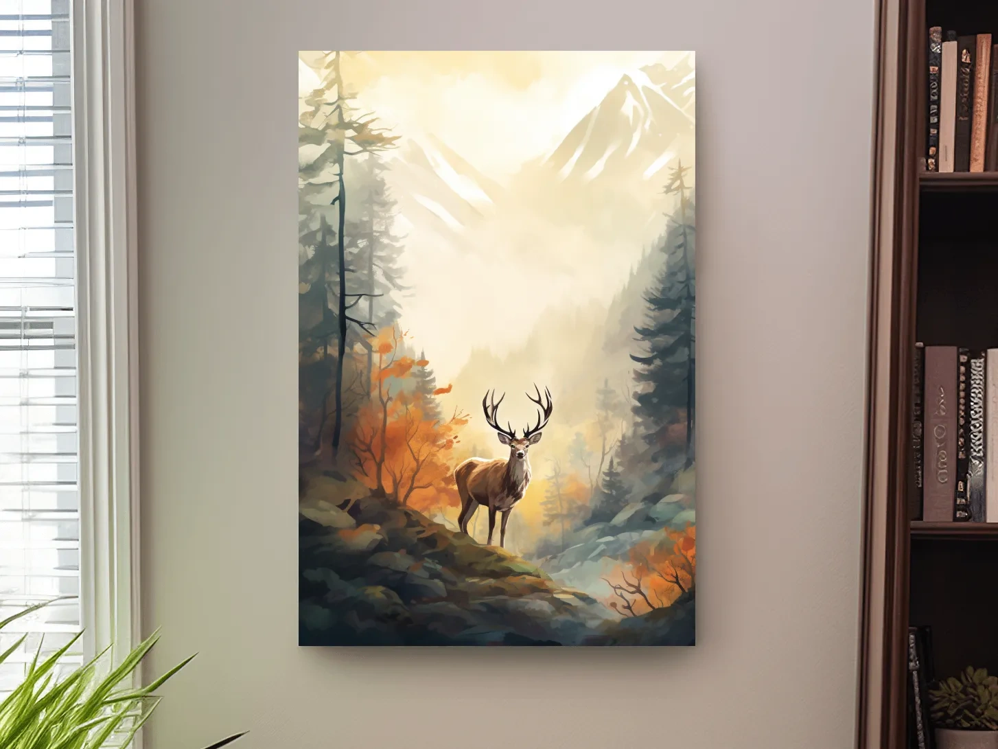 Majestic Stag In Misty Mountain Forest - Autumn Watercolor Wildlife Wall Art