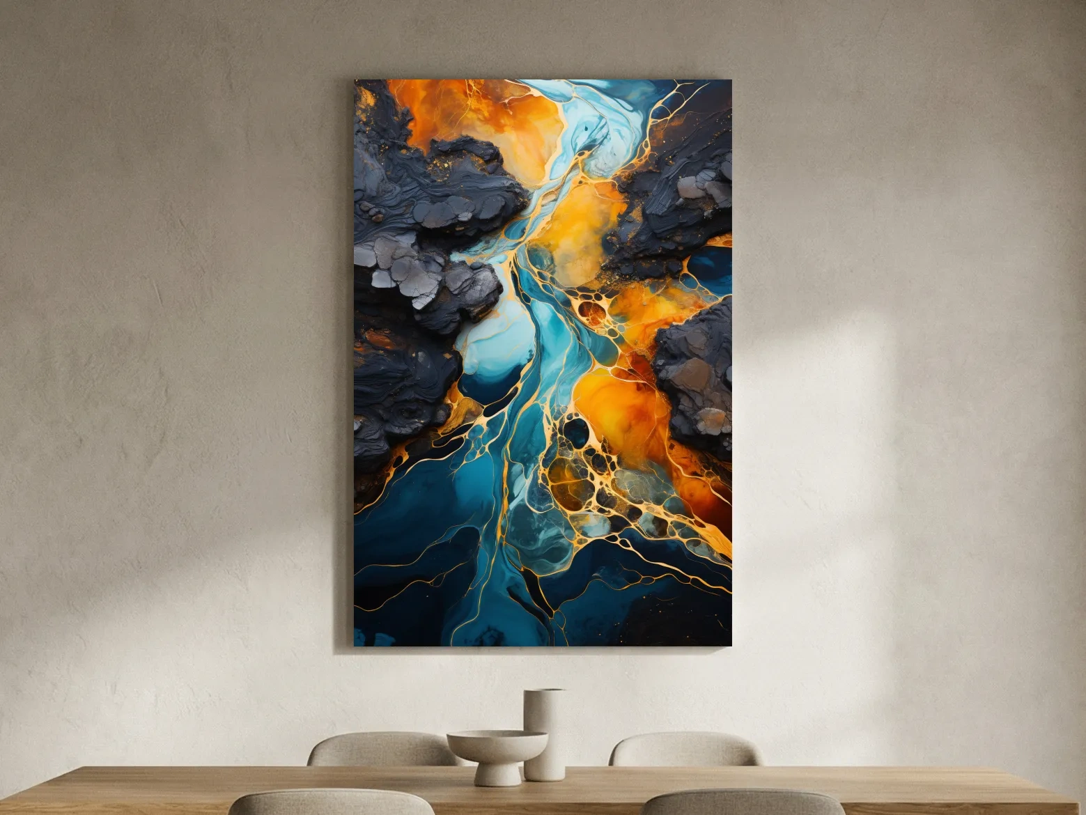 Elegant Gold And Teal Abstract Flowinf River - Alcohol Ink Style Wall Art