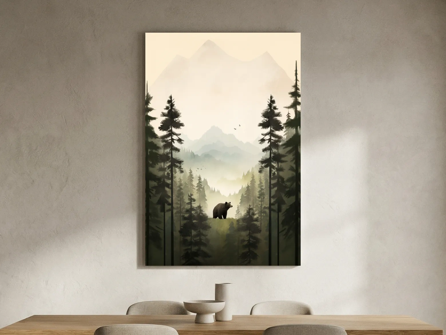 Misty Pine Forest Bear Illustration - Minimalist Wildlife Wall Art