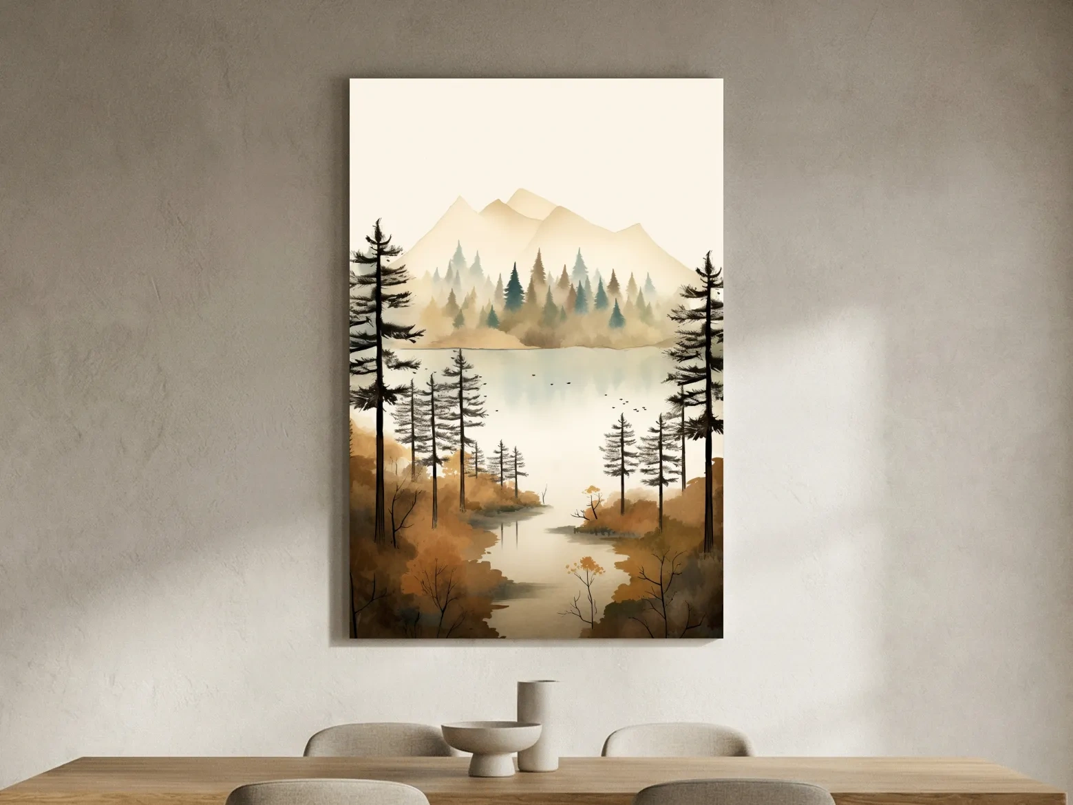 Misty Watercolor Mountain Lake Forest - Serene Alpine Wall Art