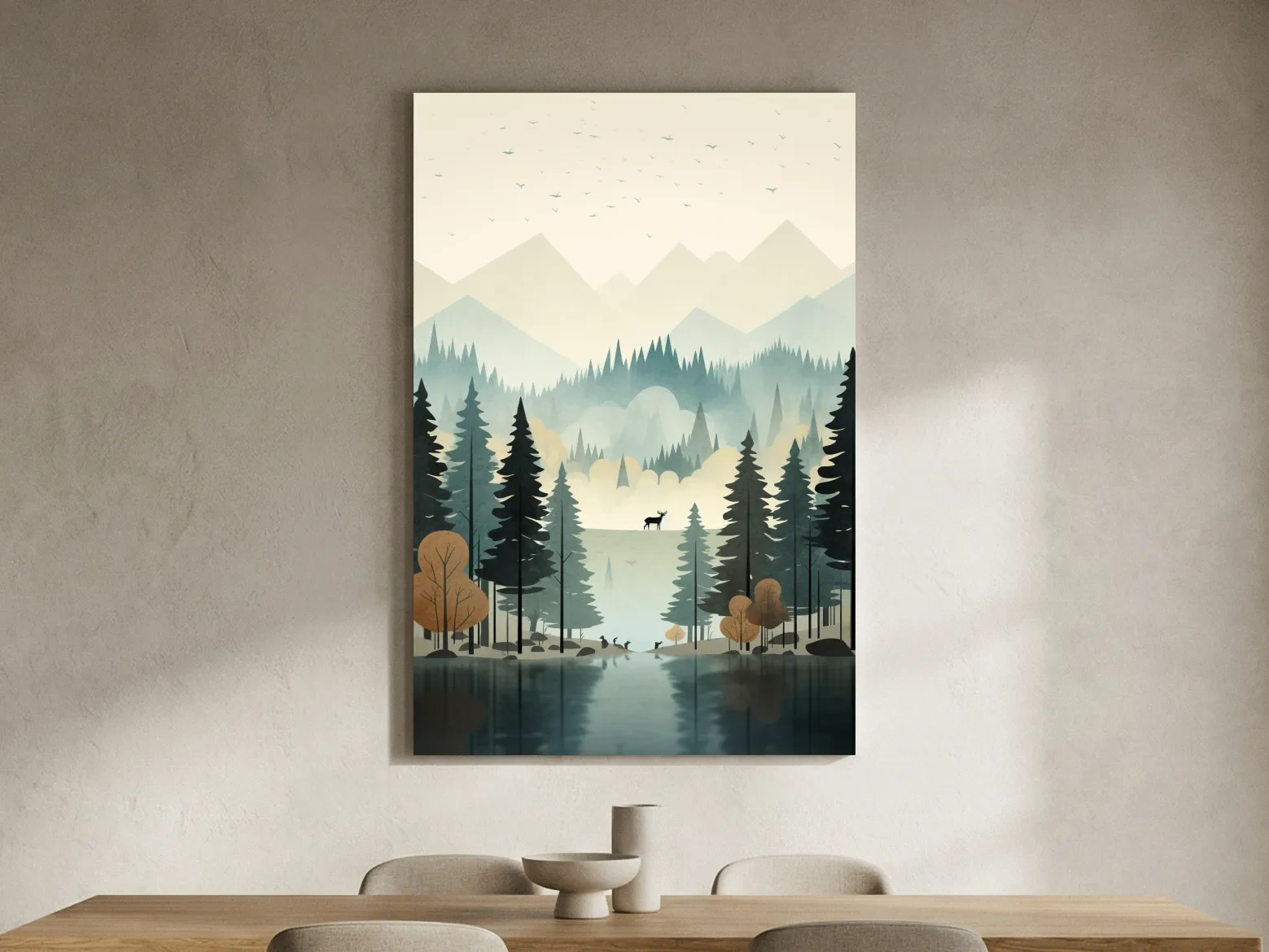 Alpine Lake Forest With Deer - Scandinavian Minimalist Wall Art