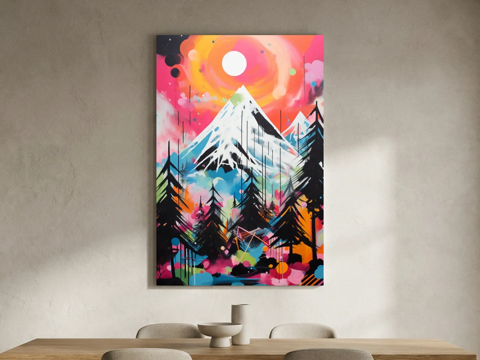Vibrant Abstract Neon Mountain Glacier Sunset Painting - Colorful Alpine Wall Art