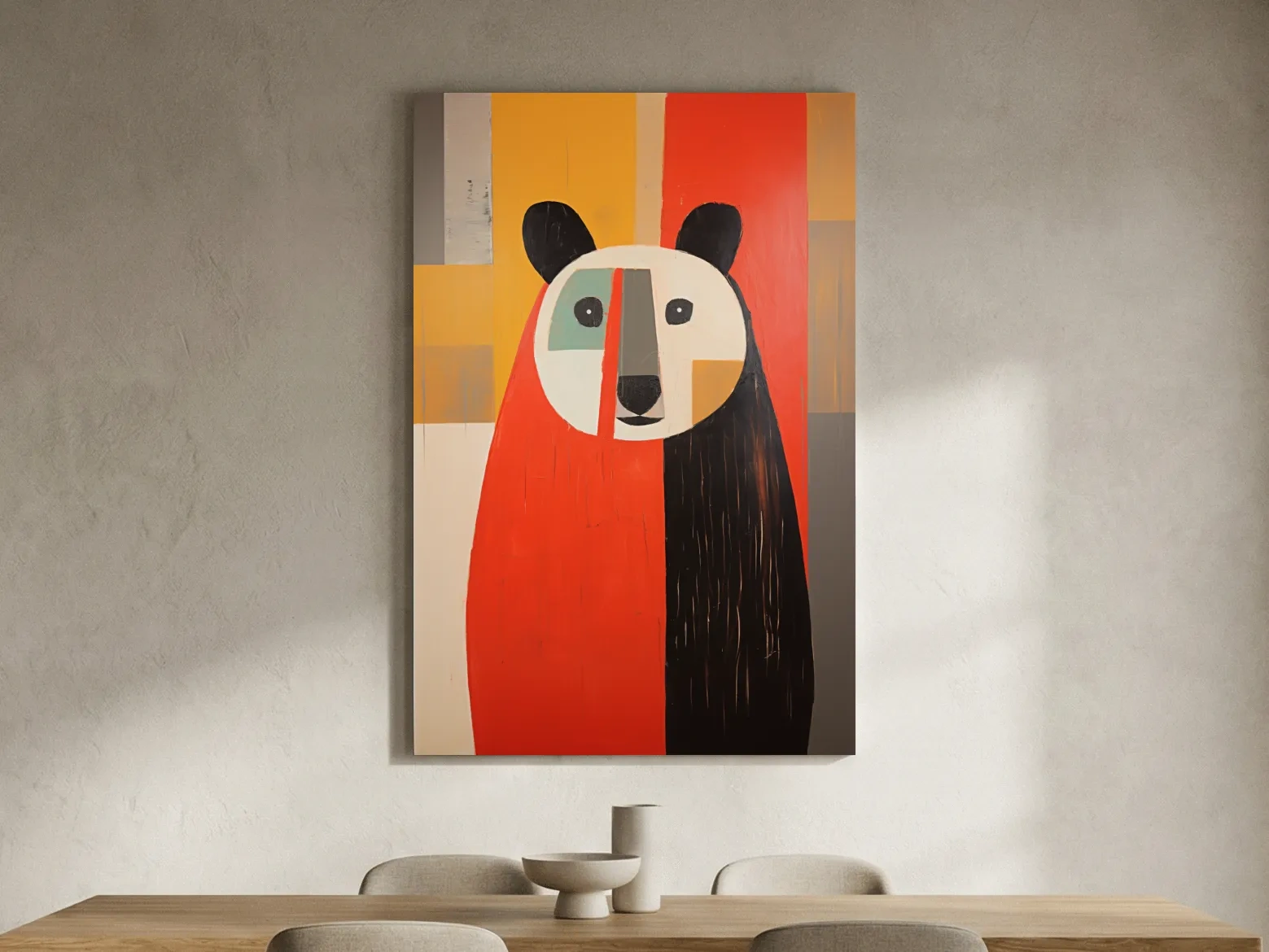 Bold Geometric Bear Portrait Painting - Quirky Abstract Animal Wall Art