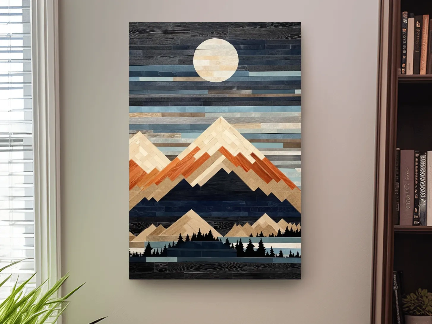 Geometric Wood Mosaic Mountain Range Under Full Moon - Modern Rustic Landscape Wall Art