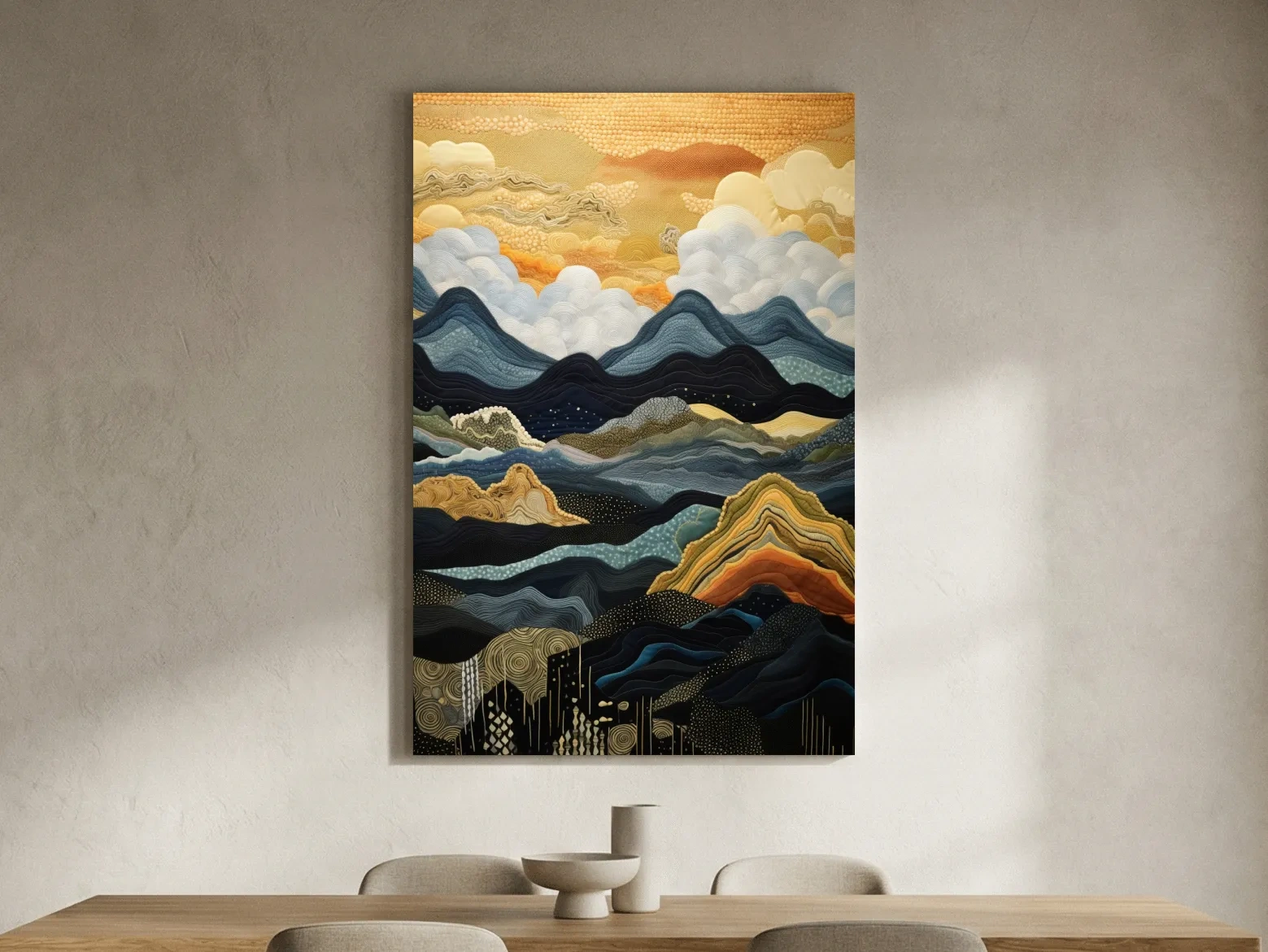Layered Tapestry Mountain Range Sunrise - Abstract Mixed Media Landscape Wall Art