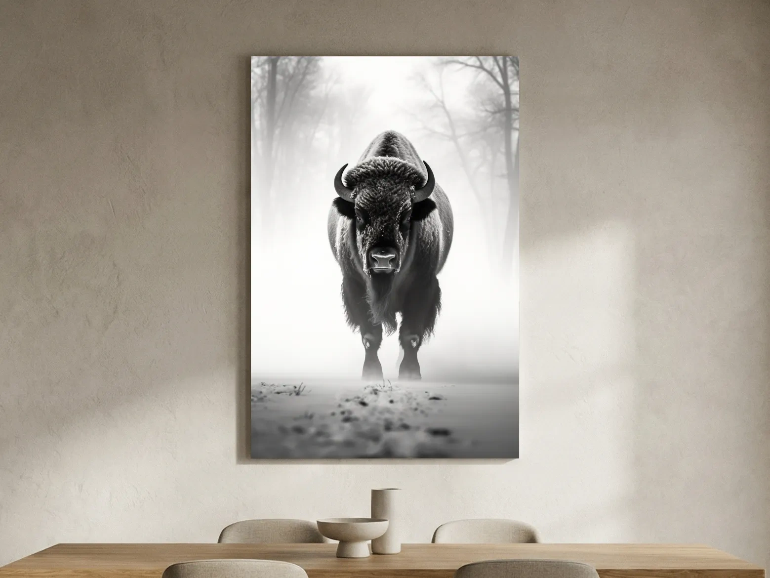 Moody Black And White Bison Portrait - Foggy Winter Wildlife Wall Art