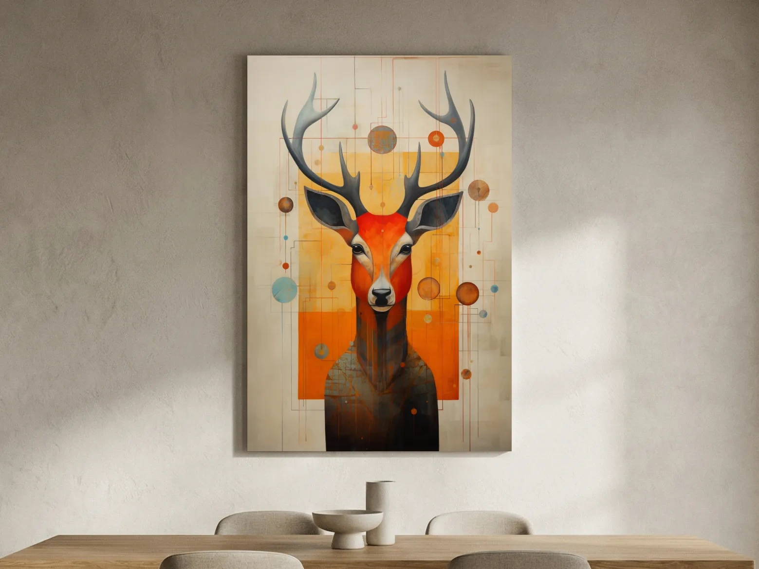 Mid Century Abstract Stag Portrait Painting - Quirky Wildlife Wall Art