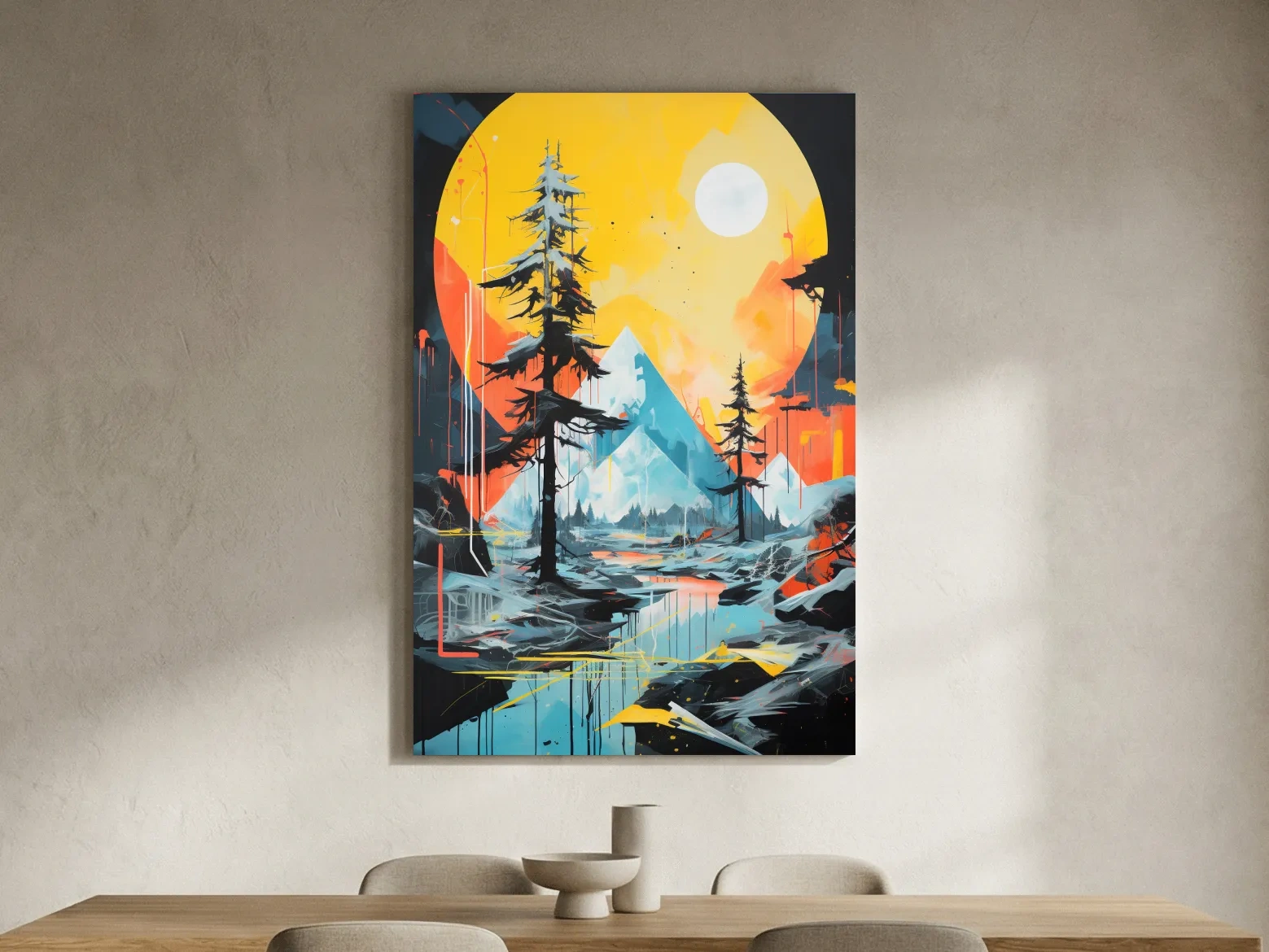 Vibrant Abstract Mountain Lake Sunset Painting - Modern Geometric Pine Forest Wall Art