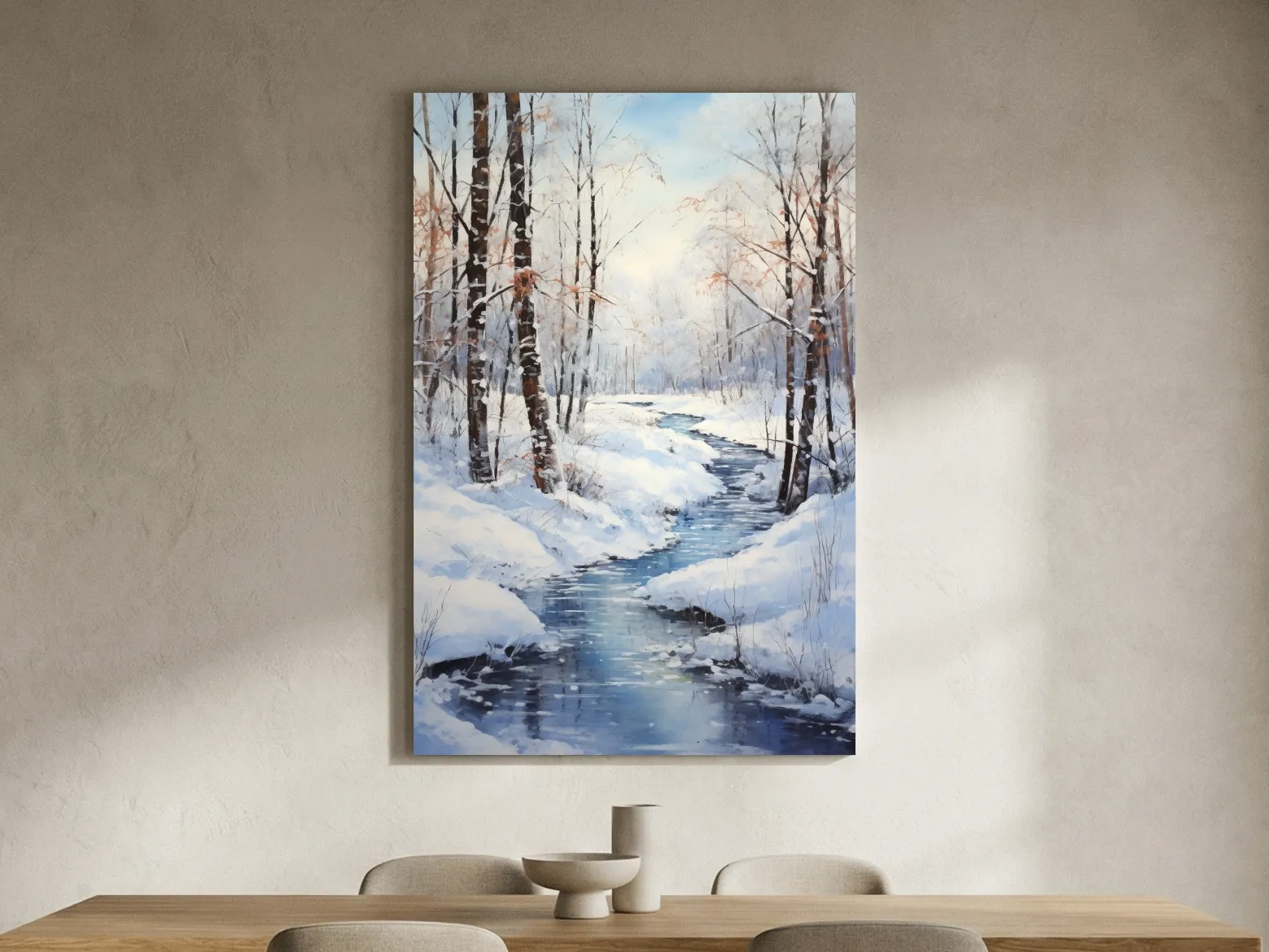 Serene Winter River Forest Painting - Snowy Woodland Wall Art