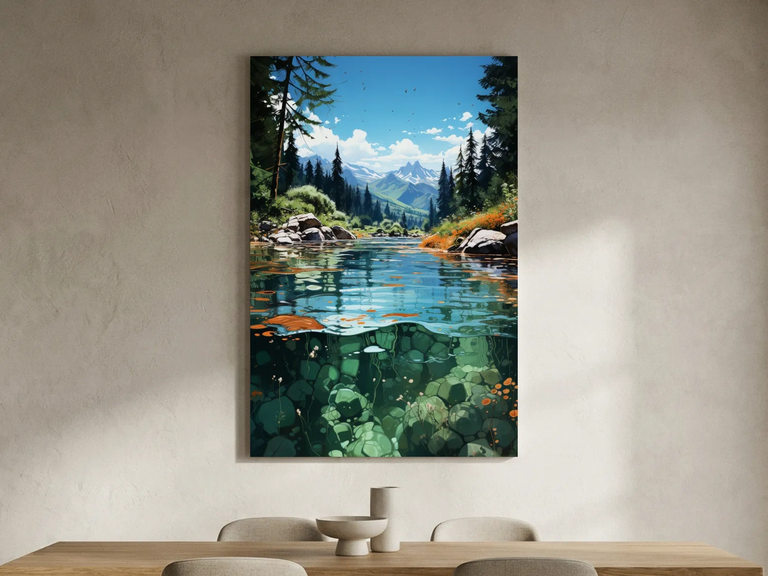 Crystal Clear Alpine River Landscape Illustration - Vibrant Mountain Forest Artwork