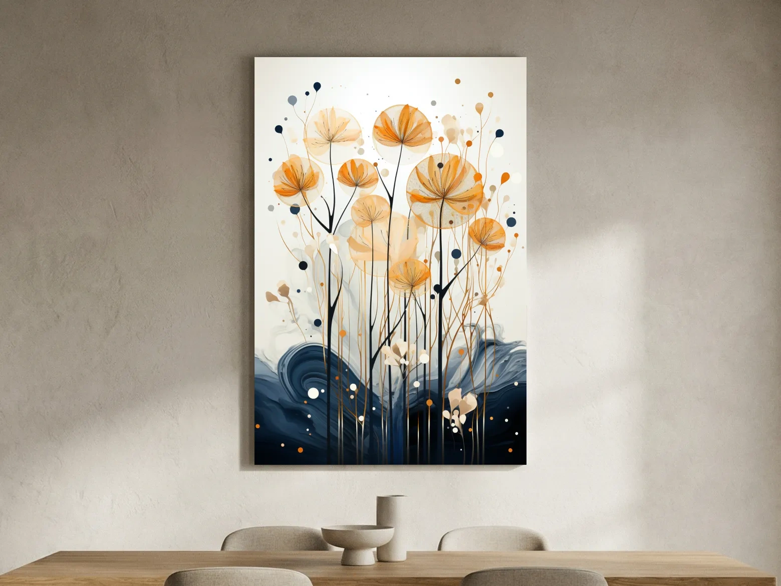 Abstract Golden Wildflower Ink Wash - Botanical Boho Wall Art