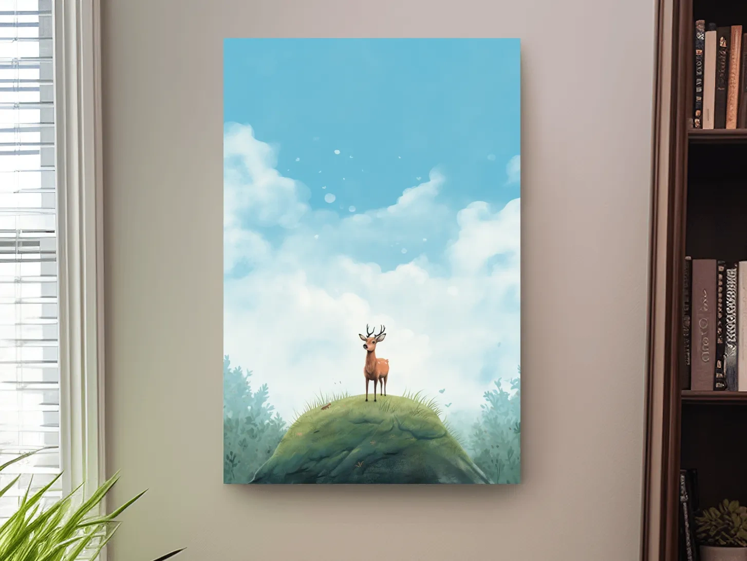 Whimsical Watercolor Deer on Grassy Hill - Serene Woodland Nursery Wall Art