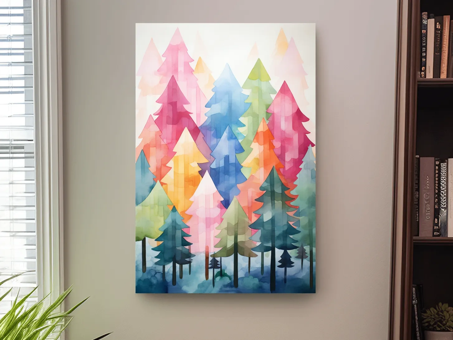 Colorful Watercolor Pine Forest Illustration - Whimsical Scandinavian Boho Wall Art