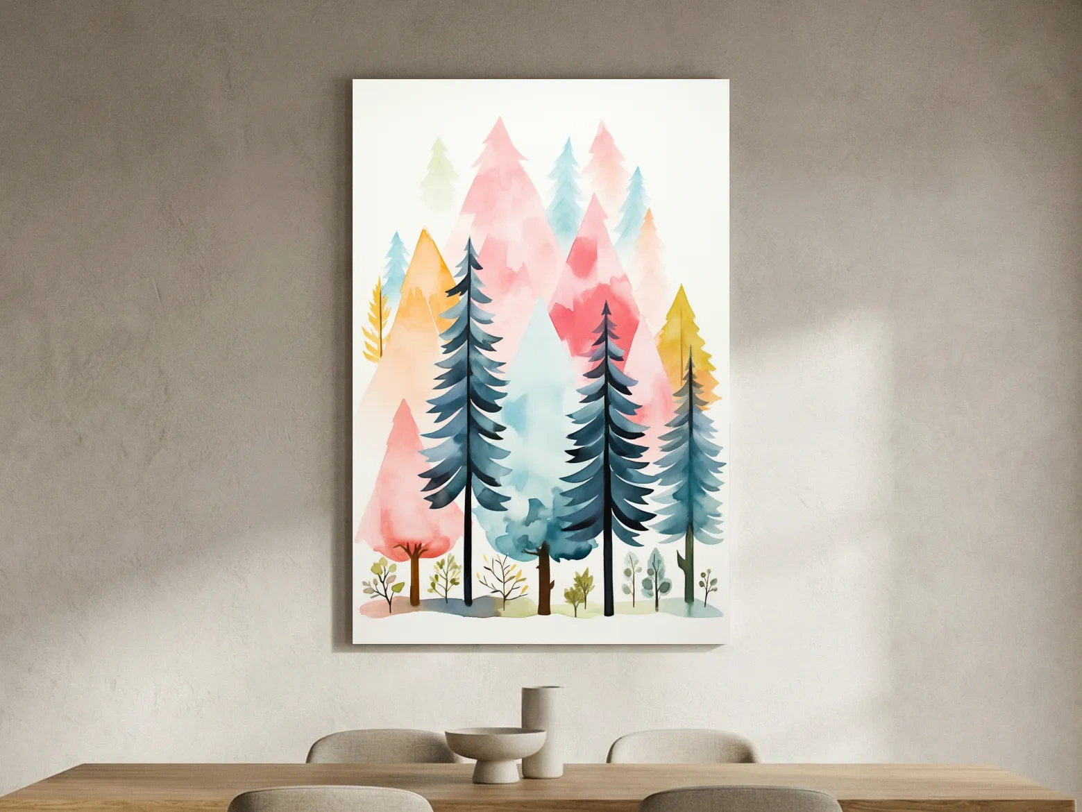 Pastel Watercolor Pine Forest - Colorful Scandinavian Nature Wall Art