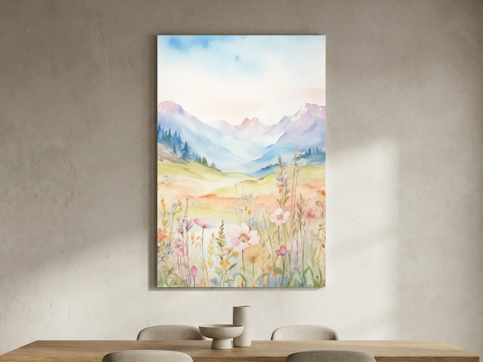 Pastel Watercolor Wildflower Meadow Mountains - Serene Floral Alpine Wall Art