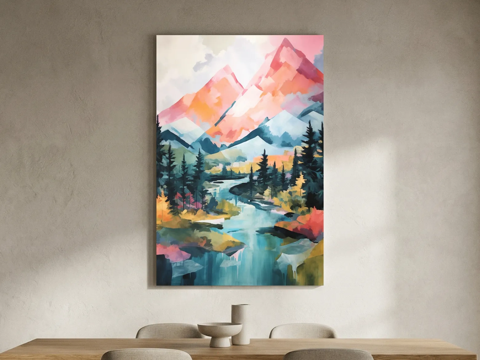 Vibrant Mountain River Landscape Painting - Colorful Alpine Forest Wall Art