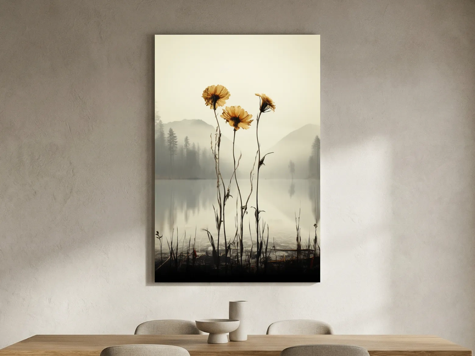 Wildflower Misty Lake Landscape - Minimalist Botanical Wall Art