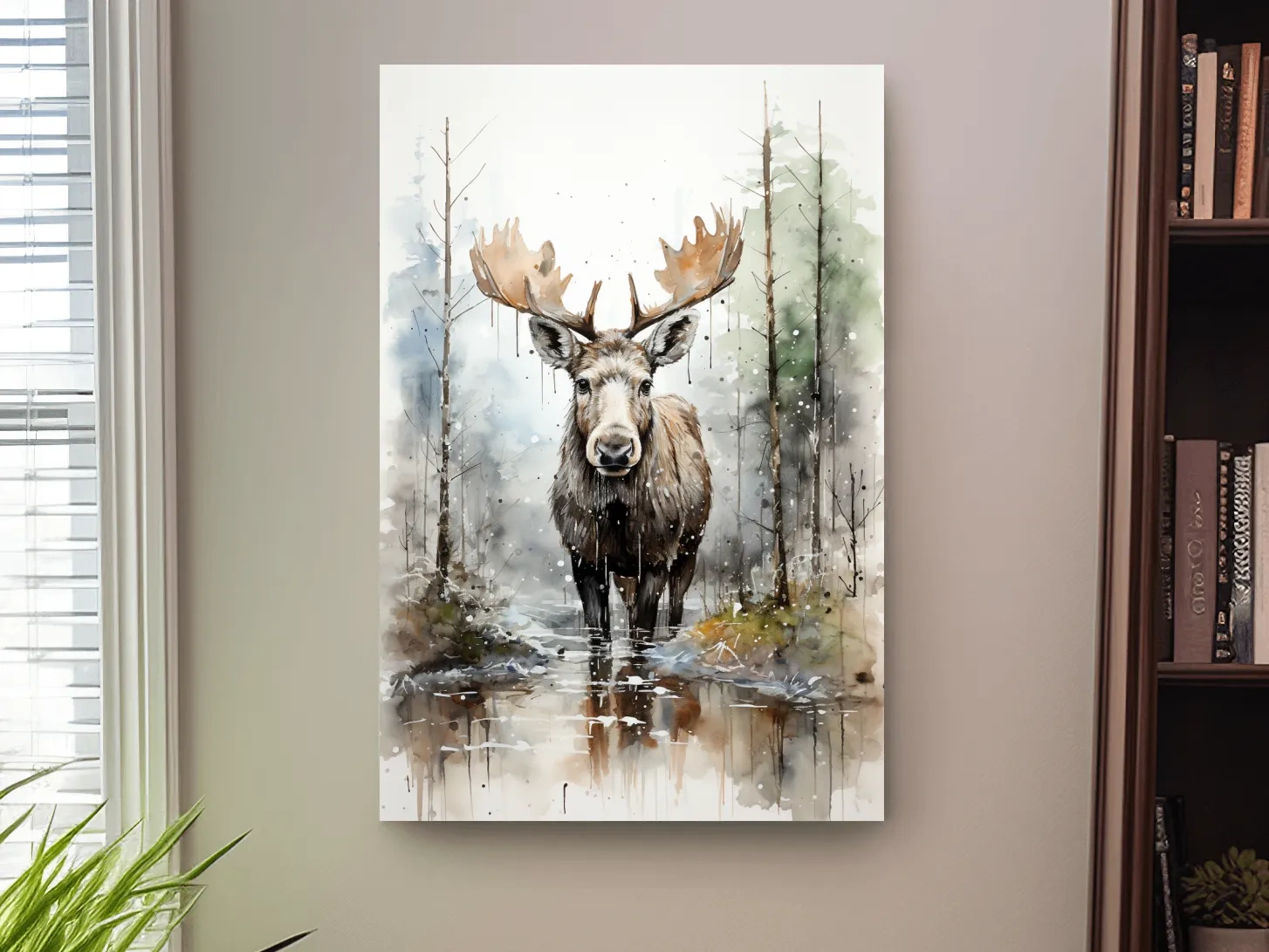 Watercolor painting of a moose in a forest lake