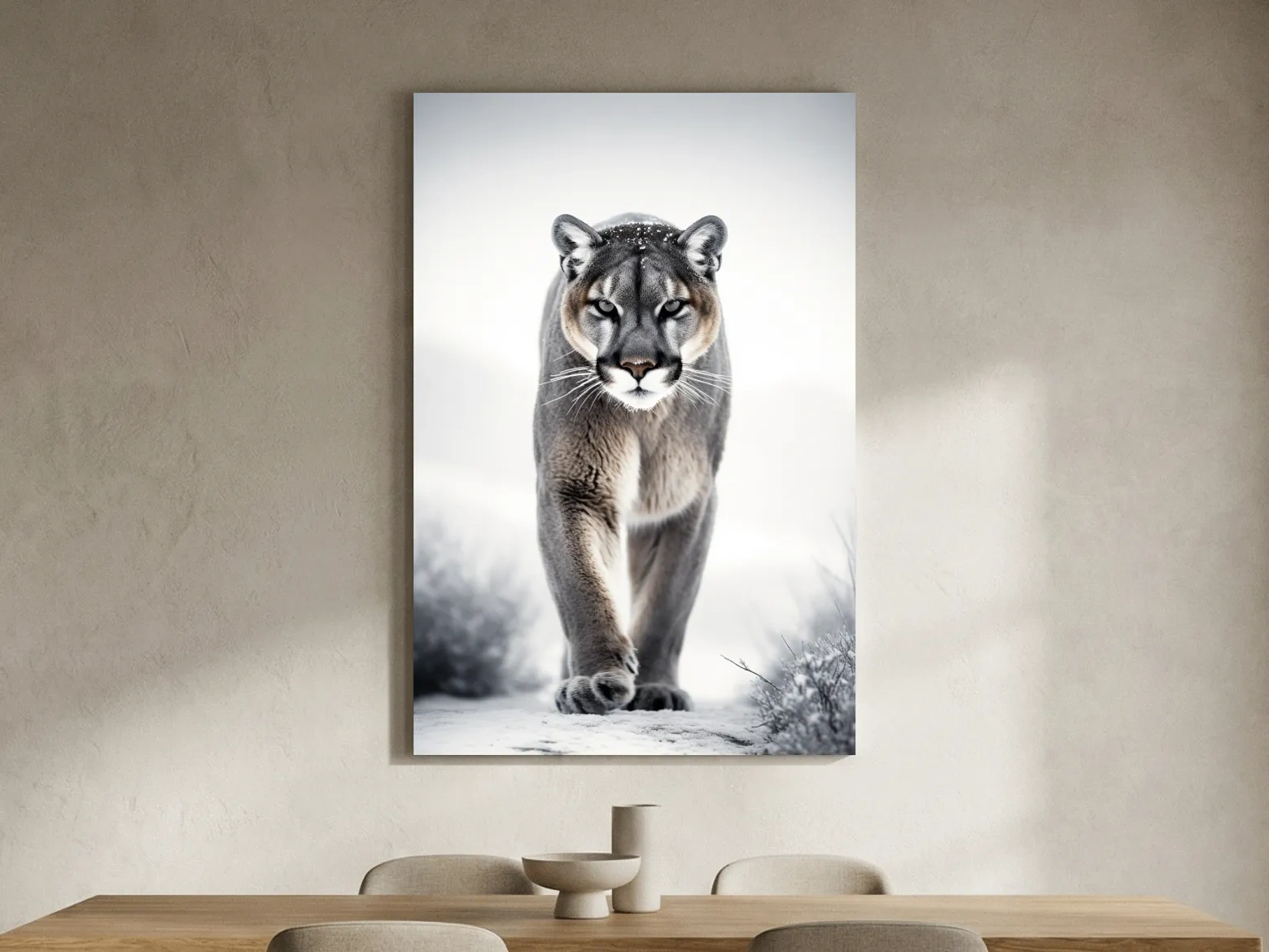 Snowy Cougar Close Up Wildlife Portrait - Winter Nature Wall Art