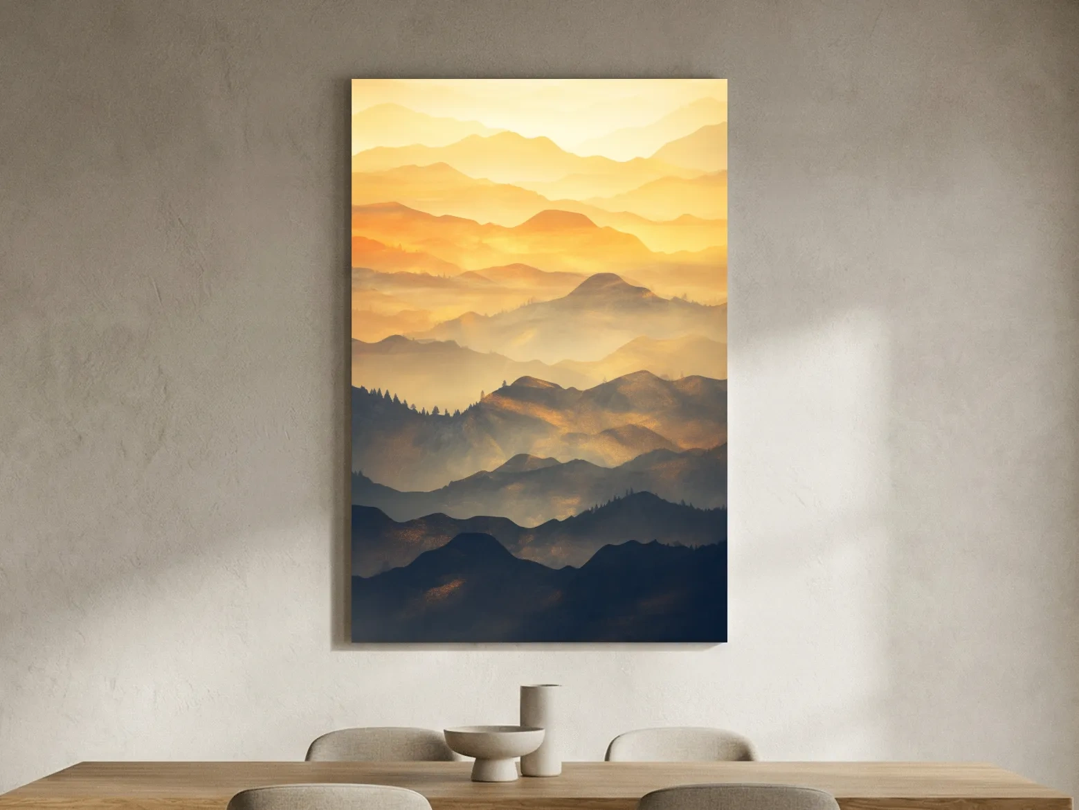 Golden Misty Mountain Ranges Landscape - Serene Layered Sunrise Artwork
