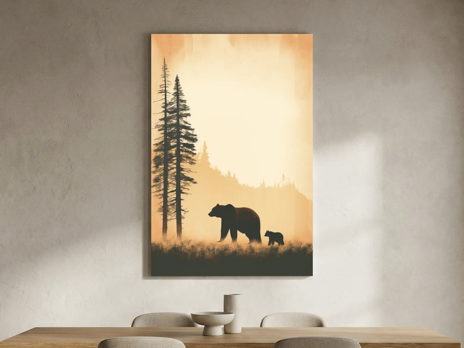 Grizzly Bear And Cub Silhouettes - Misty Forest Minimalist Wall Art