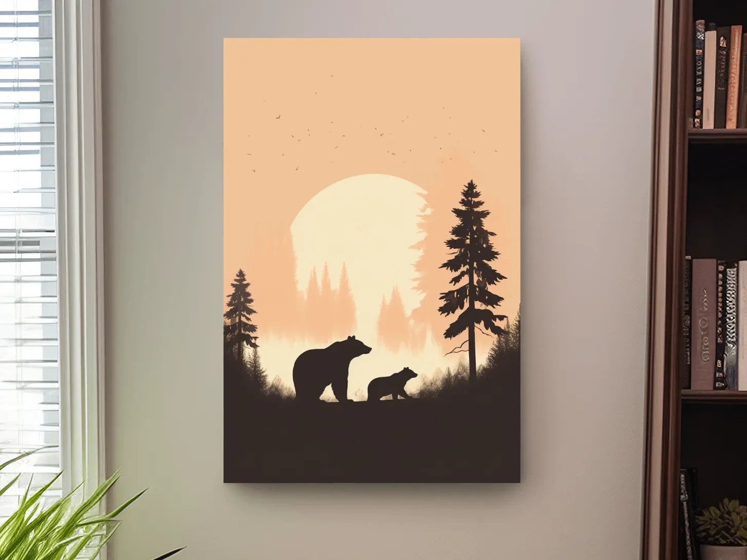 Momma Bear & Cub Silhouettes At Sunset - Minimalist Forest Wildlife Wall Art