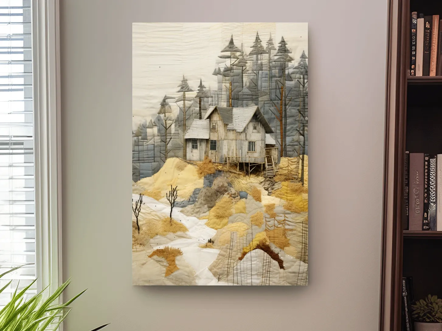 Rustic Woodland Cabin Landscape Quilt Art - Patchwork Style Mixed Media Wall Art