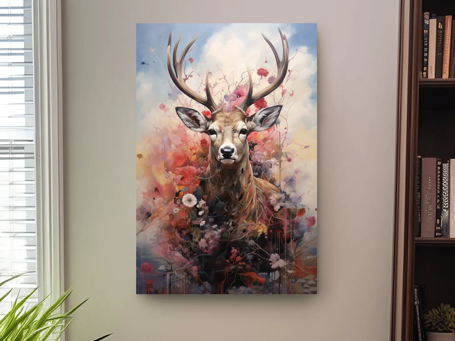 Painting of a deer head wrapped in flowers