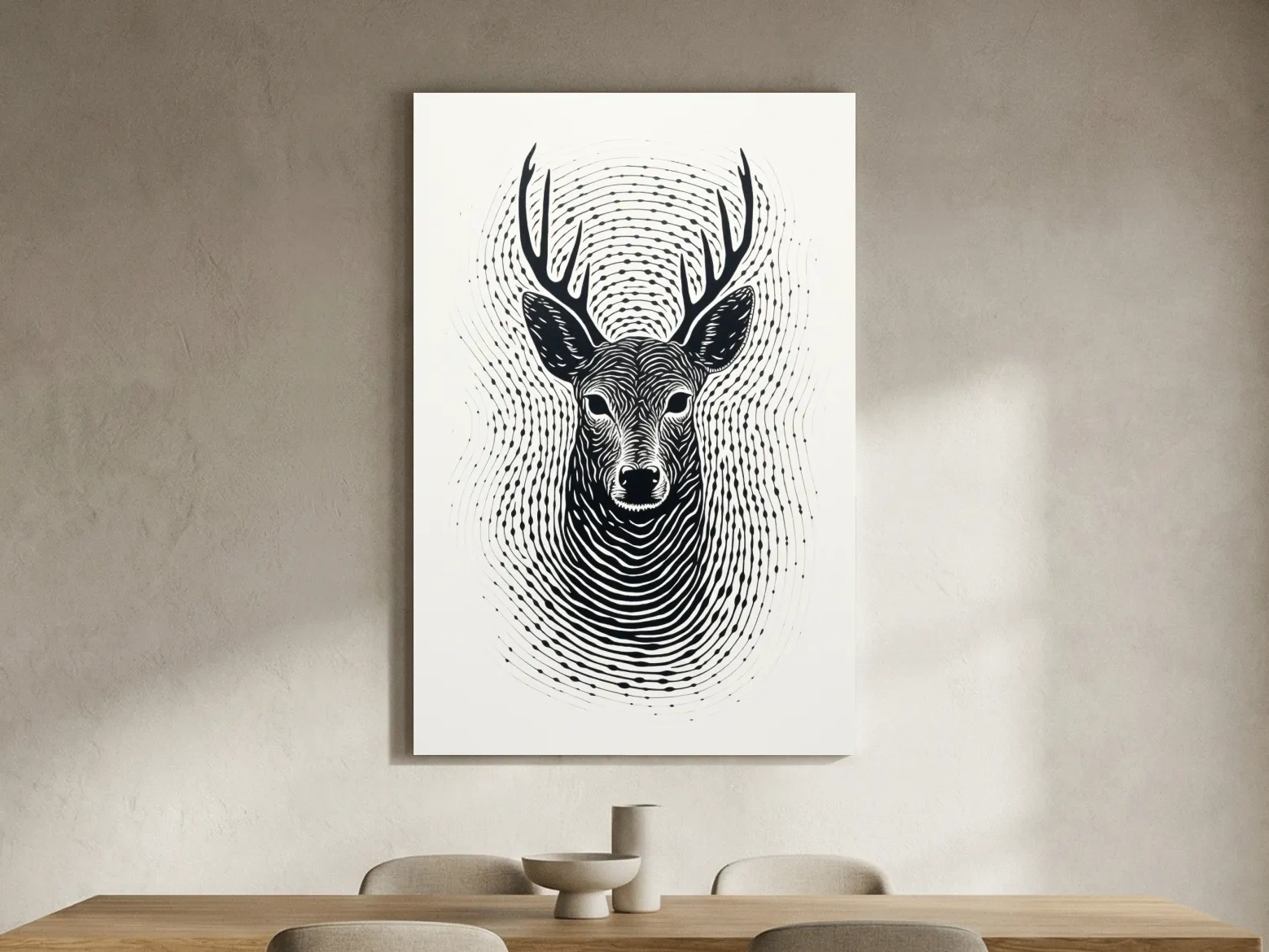 Psychedelic Deer Head Fingerprint Line Art - Black And White Wildlife Wall Art