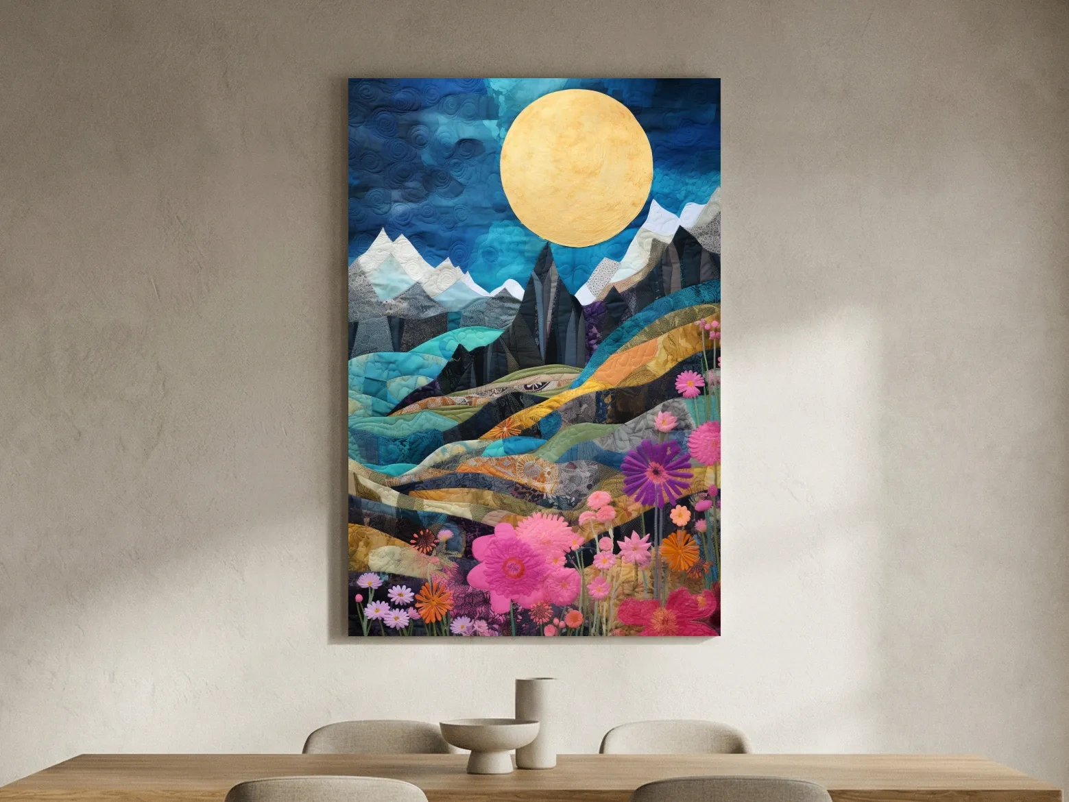 Quilted Wildflower Mountain Landscape - Colorful Patchwork Textile Style Wall Art