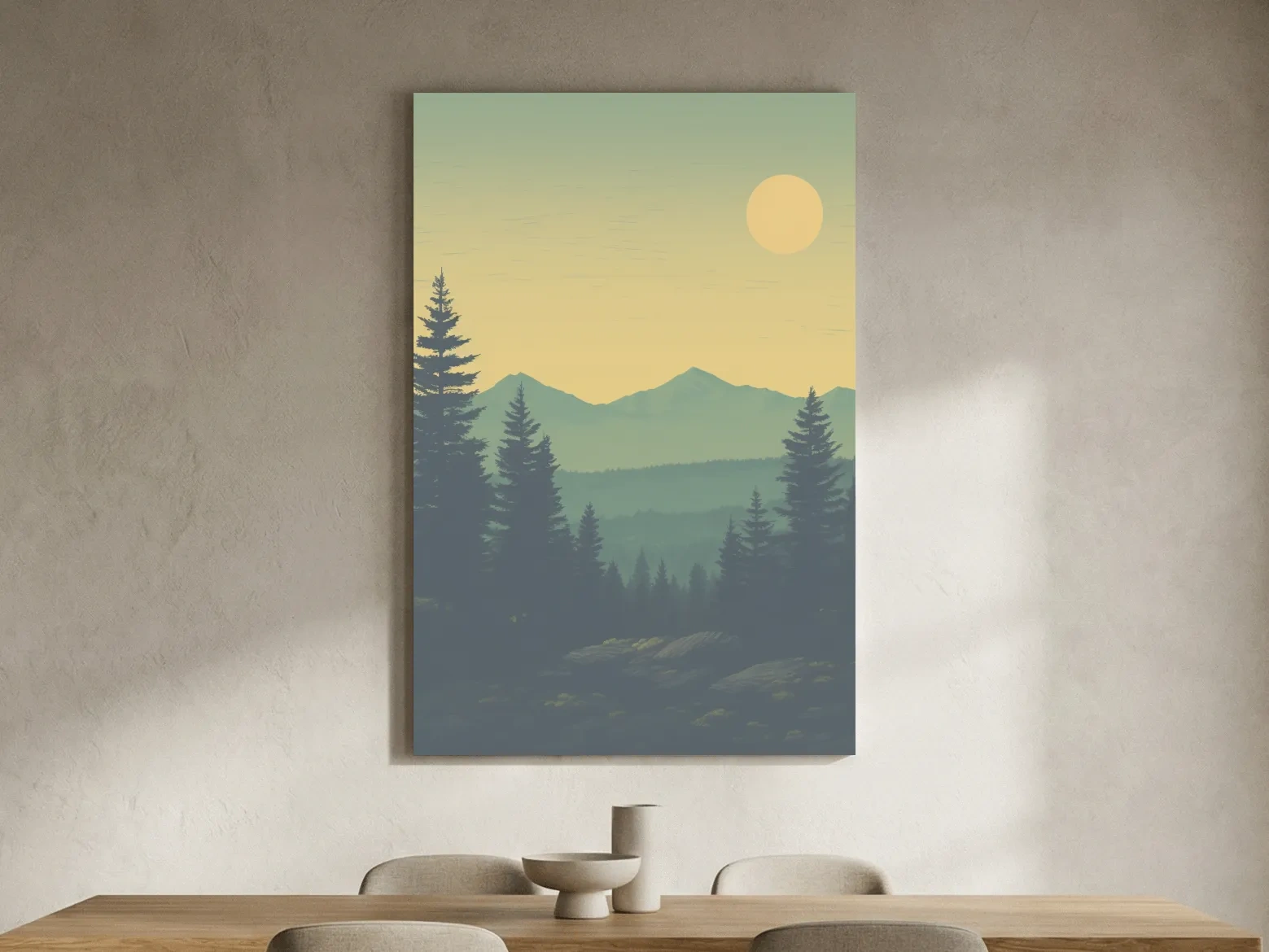 Minimalist Hazy Mountain Sunrise Landscape - Serene Alpine Forest Wall Art