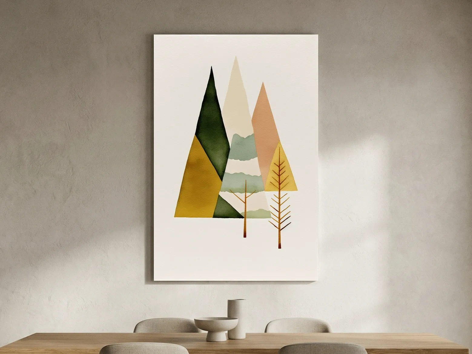 Minimalist Scandinavian Geometric Mountains - Modern Watercolor Forest Landscape Wall Art