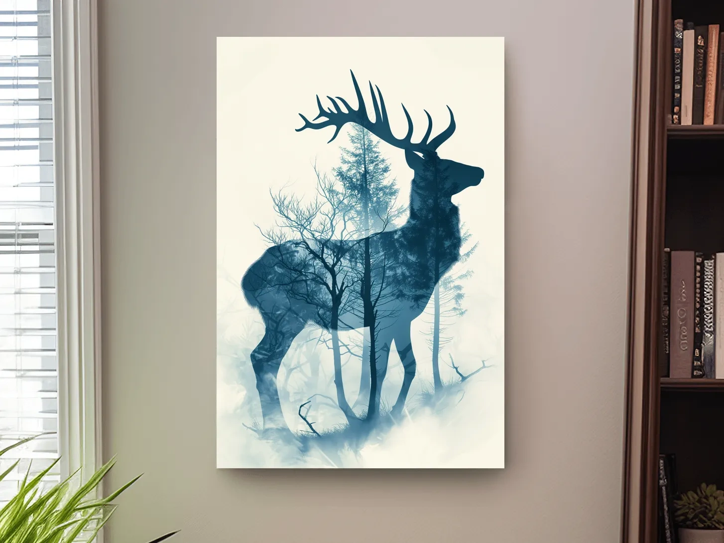 Moody Double Exposure Stag Silhouette - Misty Forest Wildlife Wall Art