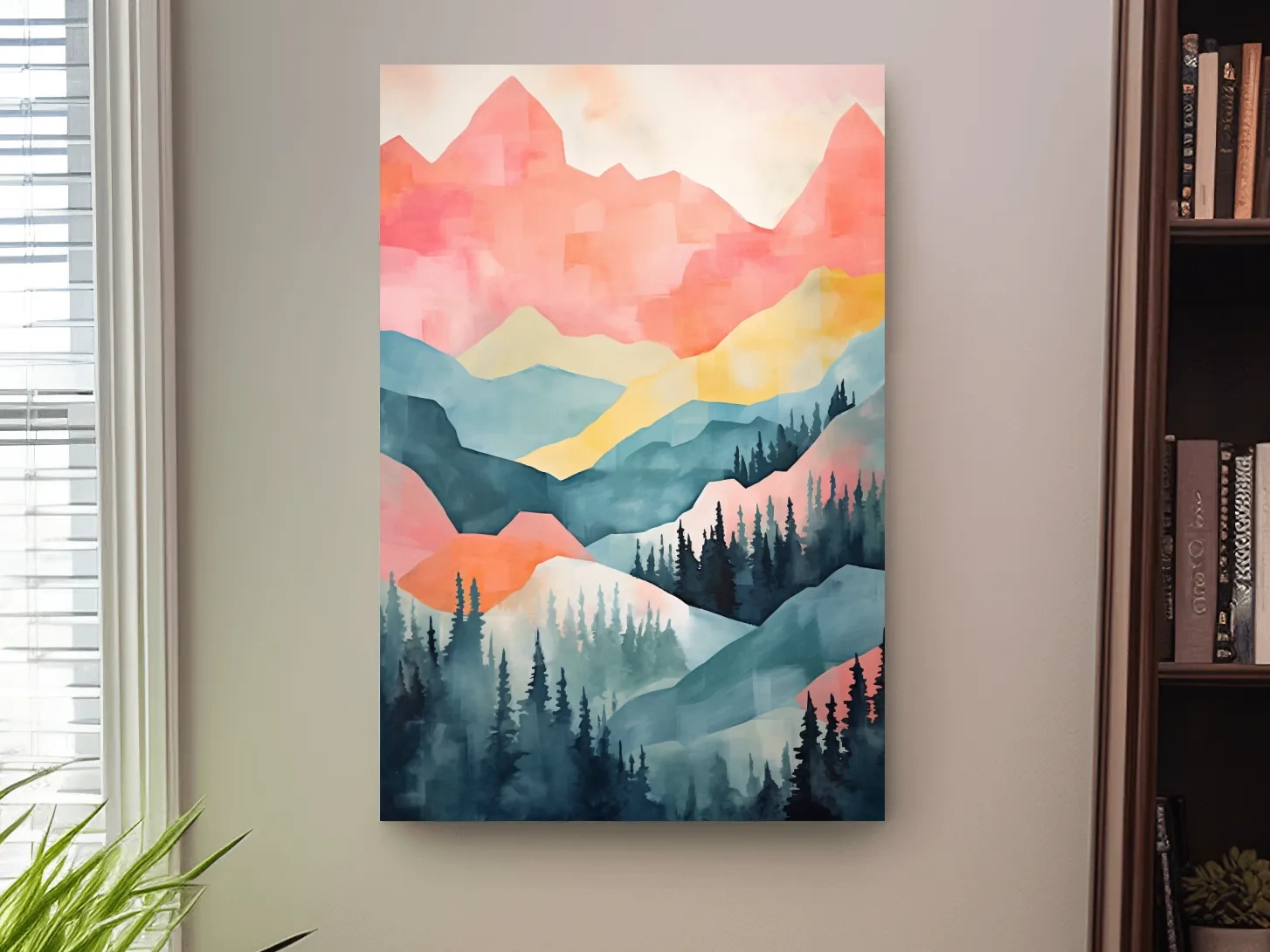 Abstract Watercolor Mountain Sunrise Landscape - Pastel Alpine Forest Wall Art